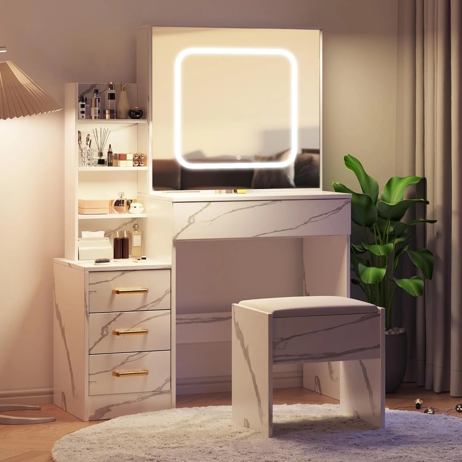 Vanity Desk with Sliding Mirror and Lights, Makeup Vanity Set with Power Outlet, 4 Drawers, Stool, Open Shelves, 3 Color Lighting Modes, Brightness Adjustable, Makeup Dressing Table for Bedroom - Image 17