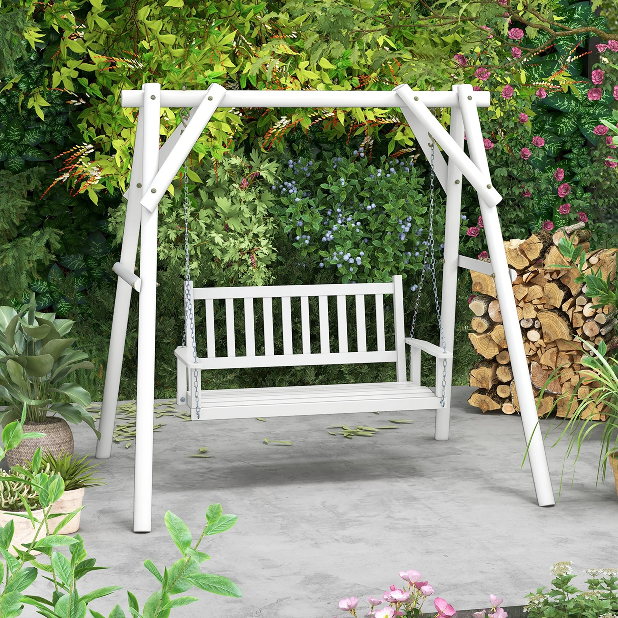 Costway 3-Person Wooden Outdoor Porch Swing Heavy Duty Patio Hanging Bench Chair White - Image 5