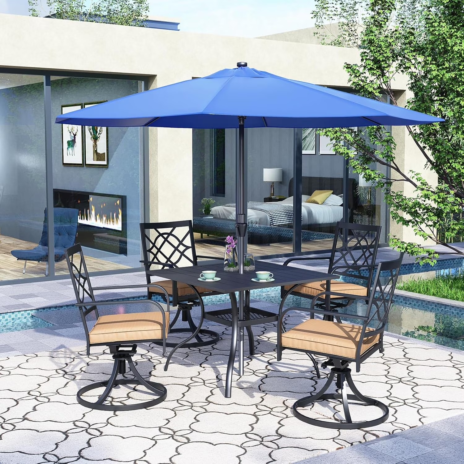SUNCROWN 7-Piece Outdoor Wrought Iron Chairs and Table Patio Dining Furniture Set - 6 Stackable Metal Chairs, 1 Steel Slat Bistro Table and 1 Brown 9Ft Patio Umbrella for Garden Backyard Deck - Image 24