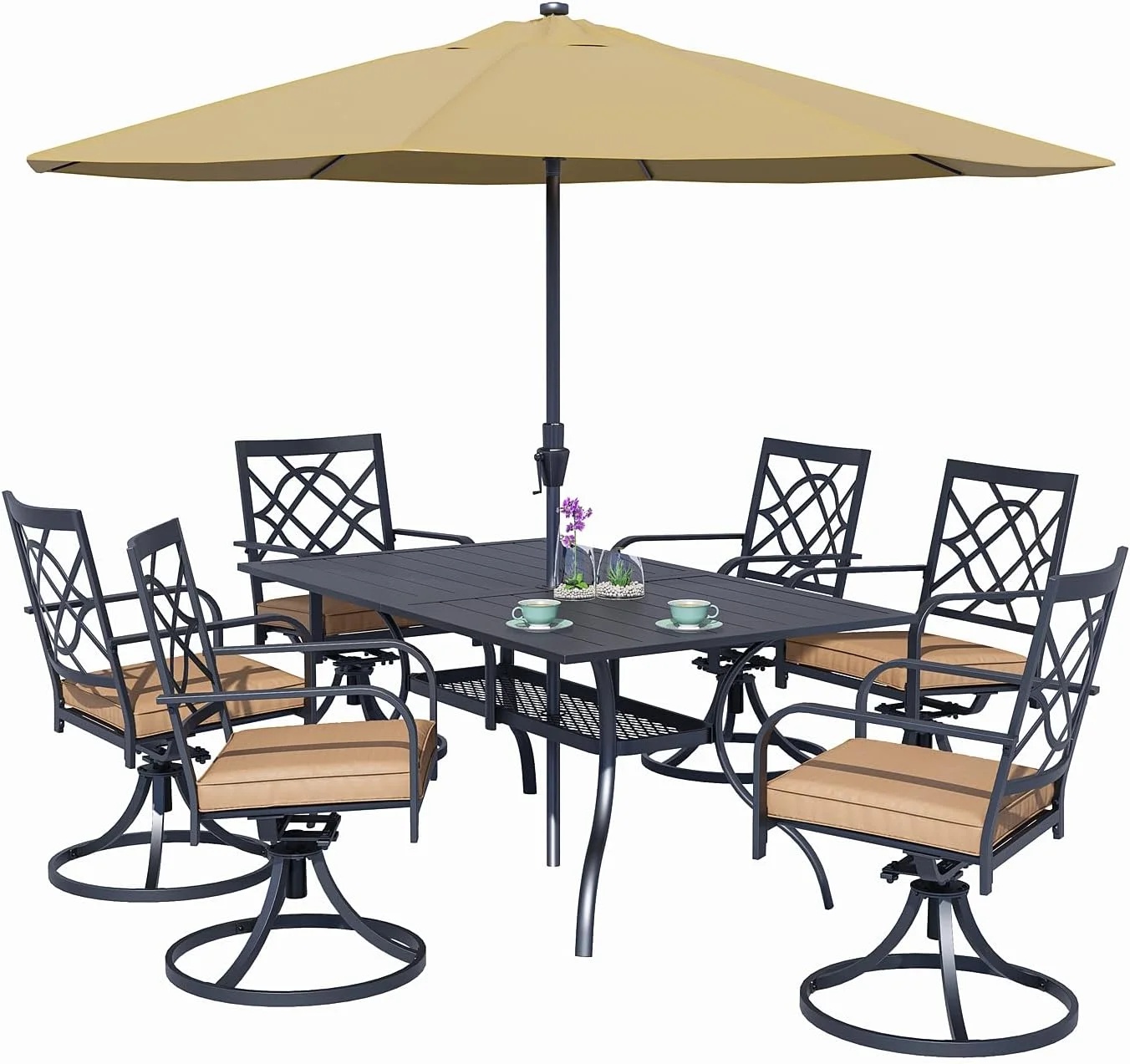 SUNCROWN 7-Piece Outdoor Wrought Iron Chairs and Table Patio Dining Furniture Set - 6 Stackable Metal Chairs, 1 Steel Slat Bistro Table and 1 Brown 9Ft Patio Umbrella for Garden Backyard Deck - Image 67