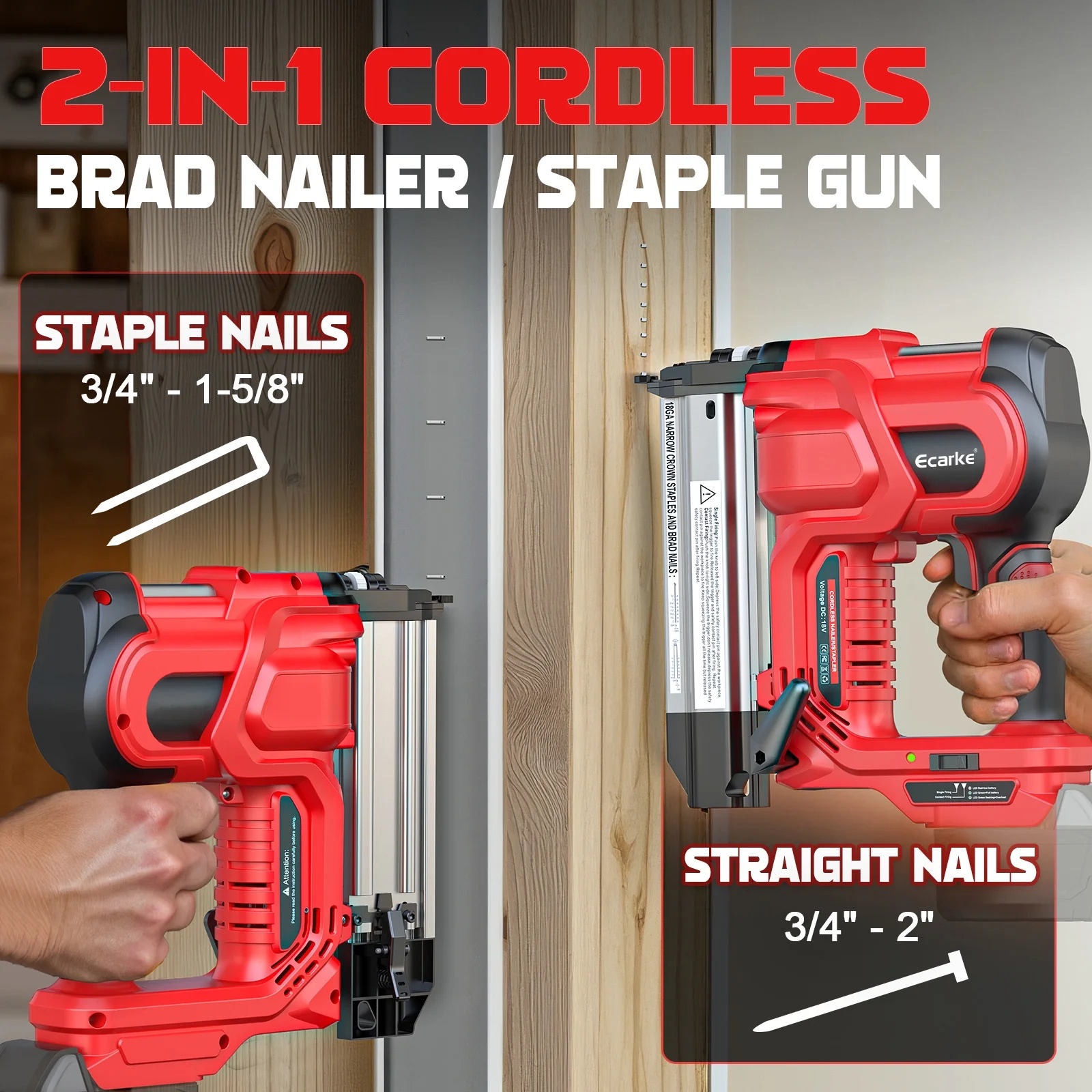 Gauge Electric Nail Gun Compatible with Milwaukee Battery,2 in 1 Cordless Brad Nailer and Stapler with 18GA Nails/Staples,Battery for M18 18V Power,2 Firing Modes for Trim Wood Crafting DIY - Image 3