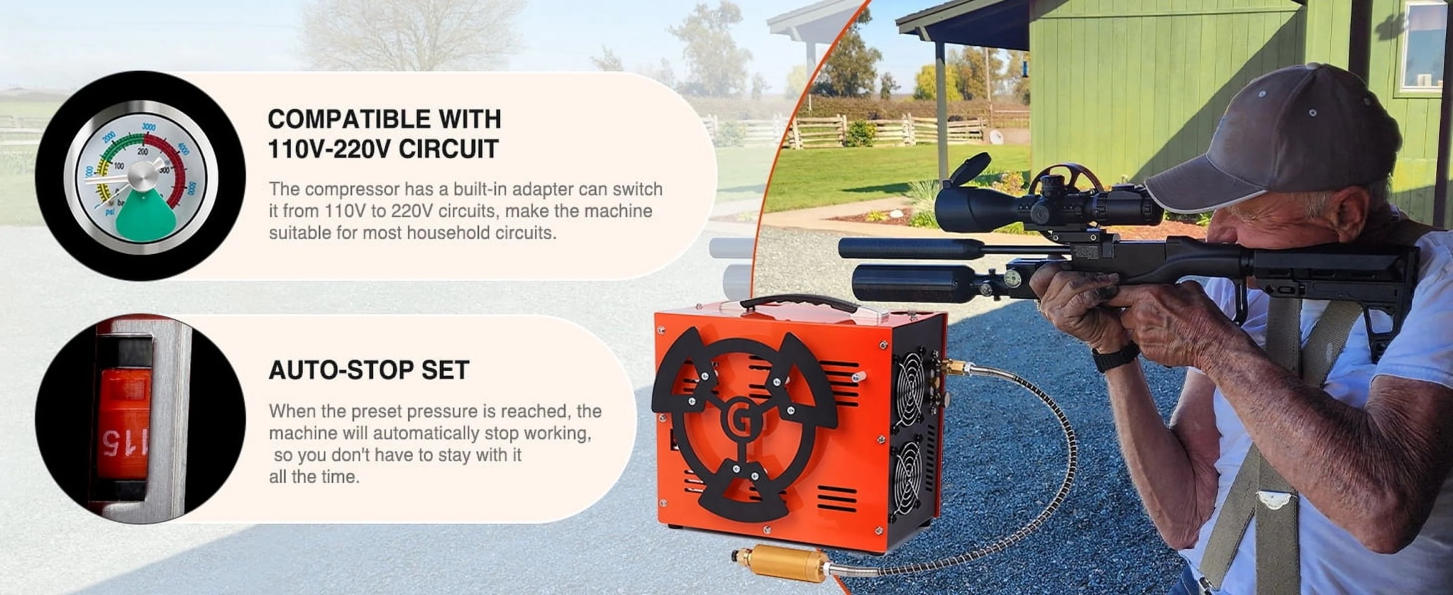 Greteefor PCP Air Compressor, Built-in 600W Adapter, 4500Psi/30Mpa, 350W Motor, 12V DC or 110V/220V AC Power, Auto Stop, Water/Oil free &Cooling Fan for Air Rifle, Paintball, HPA Tanks LightWeight - Image 14