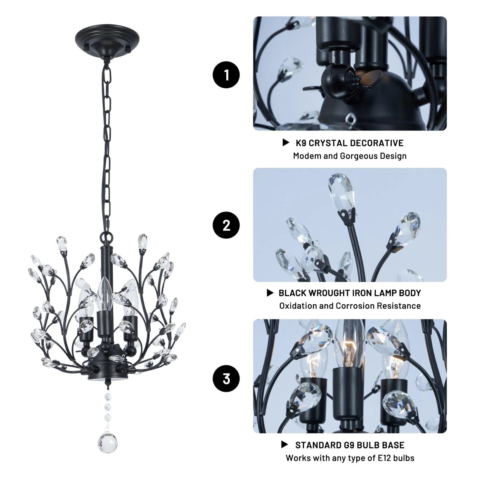 FINE MAKER 18-inch branch flower-shaped crystal chandelier, 3-head living room chandelier, bedroom study lighting fixture (black) - Image 5