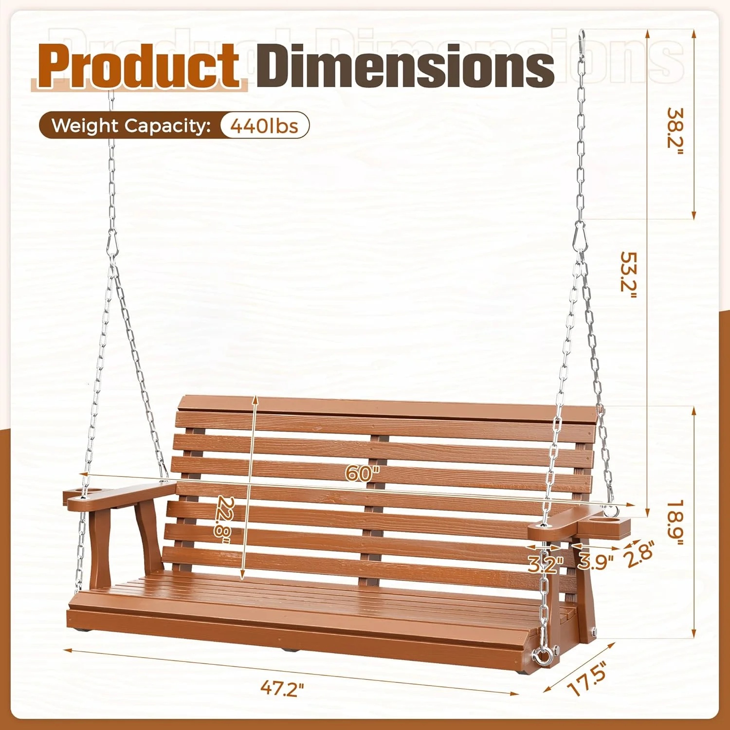 SOLAURA 2 Seat Outdoor Wooden Porch Swing with Cup Holders, Hanging Patio Swing with Hanging Chains, Swing Bench Chair for Backyard Garden Balcony, 440lbs Weight Capacity, Brown - Image 11