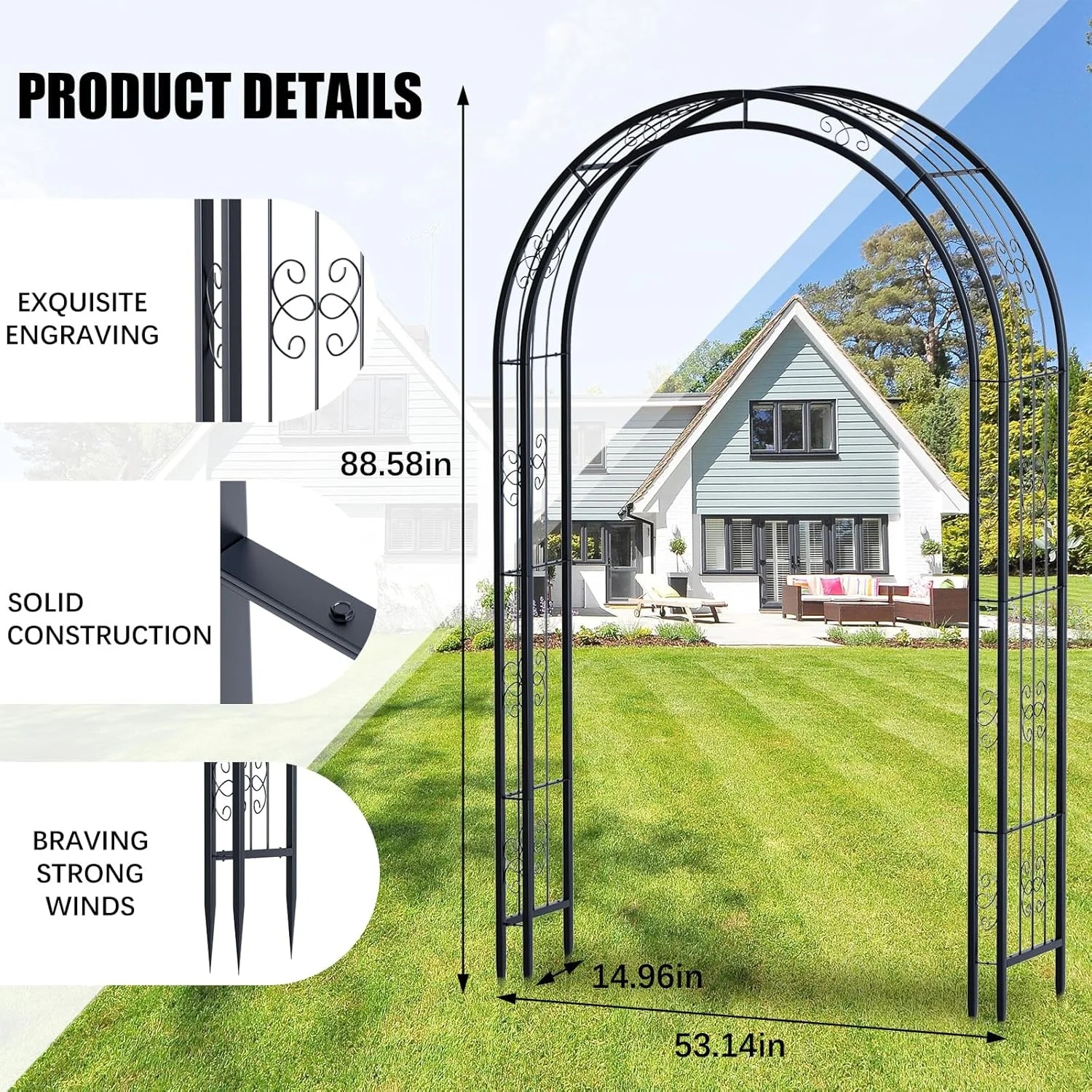 88 in Steel Garden Arch Arbor Trellis for Climbing Plants Outdoor,Yard,Garden,Climbing Plants 7 ft Decorative Wire Lattice,Outdoor Wedding Arch(Black) - Image 4