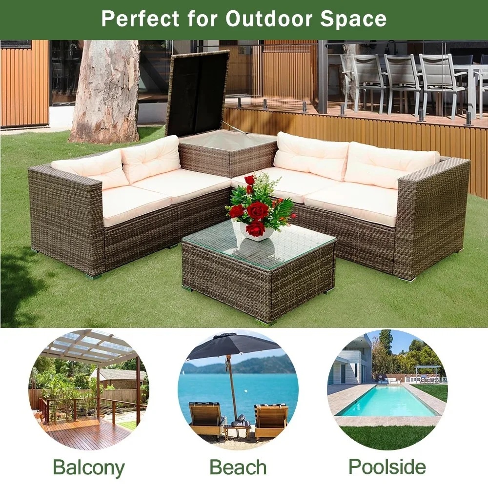 UHOMEPRO 4-Piece Rattan Patio Furniture Sets, All-Weather PE Wicker Patio Conversation Set with Storage Box, Glass Coffee Table, Outdoor Sectional Sofa Set for Backyard Patio Garden Poolside, Gray - Image 26