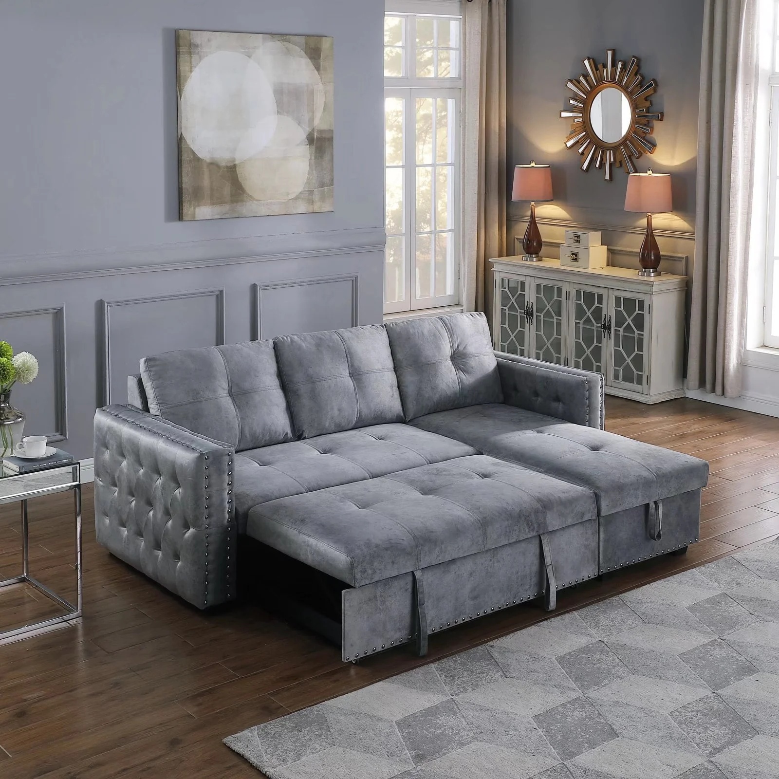 Morden Fort Sectional Sleeper Sofa with Storage & Reversible L Shape Velvet Gray - Image 6