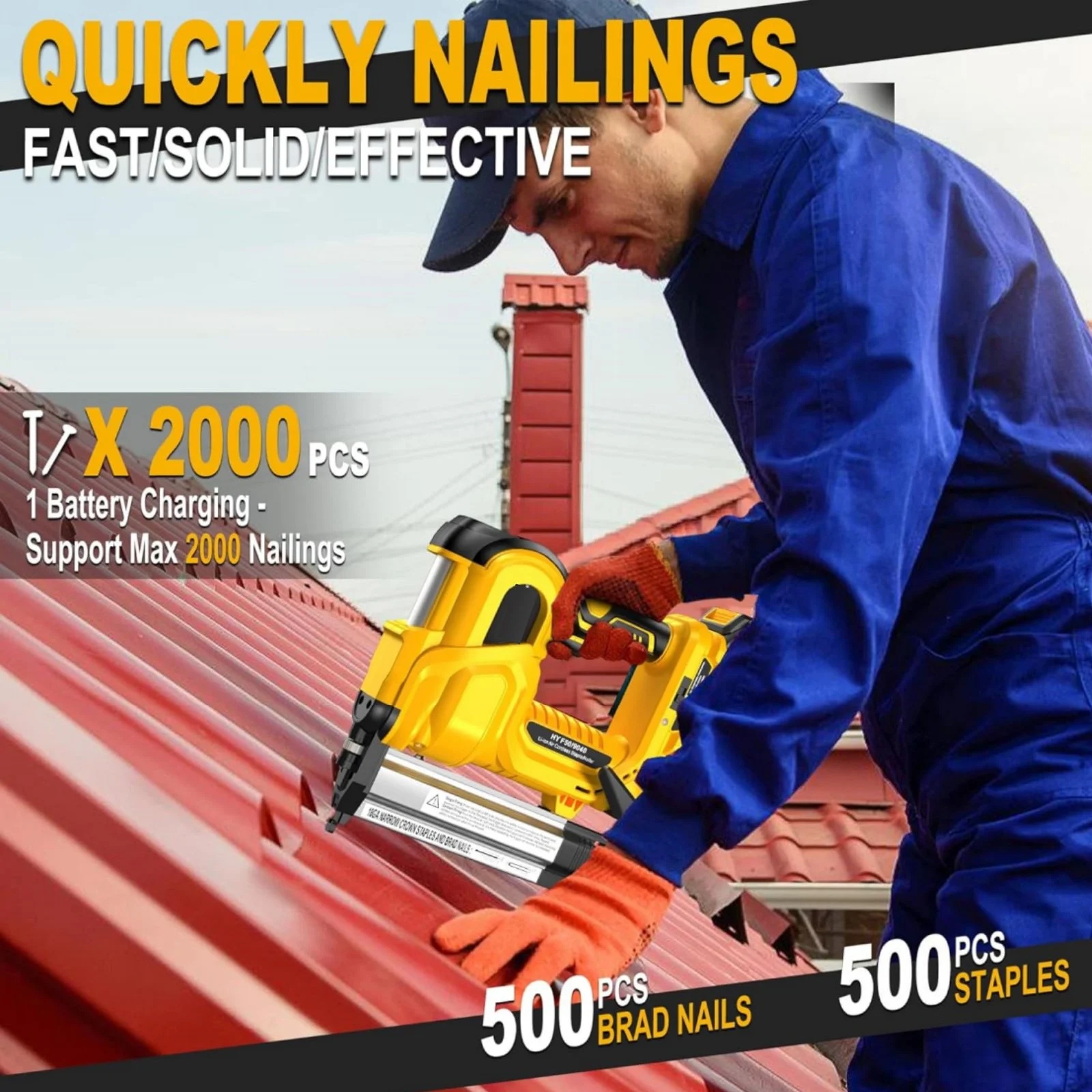 Rvchic 2-in-1 Cordless Electric Brad Nailer with 2 * 2.0Ah Battery for Upholstery,Carpentry and Woodworking,1000pcs Nails,18GA Staples Included,Yellow - Image 6