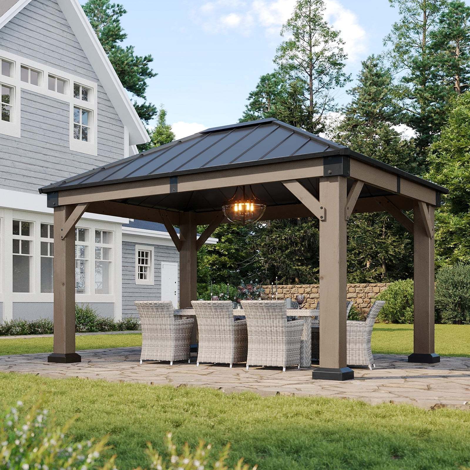 Aoxun 12' x 16' Outdoor Wood Gazebo, Hardtop Gazebo Permanent Wooden Pavilion with Galvanized Steel Double Roof, for Patio, Garden, Backyard, Cedar Wood - Image 20