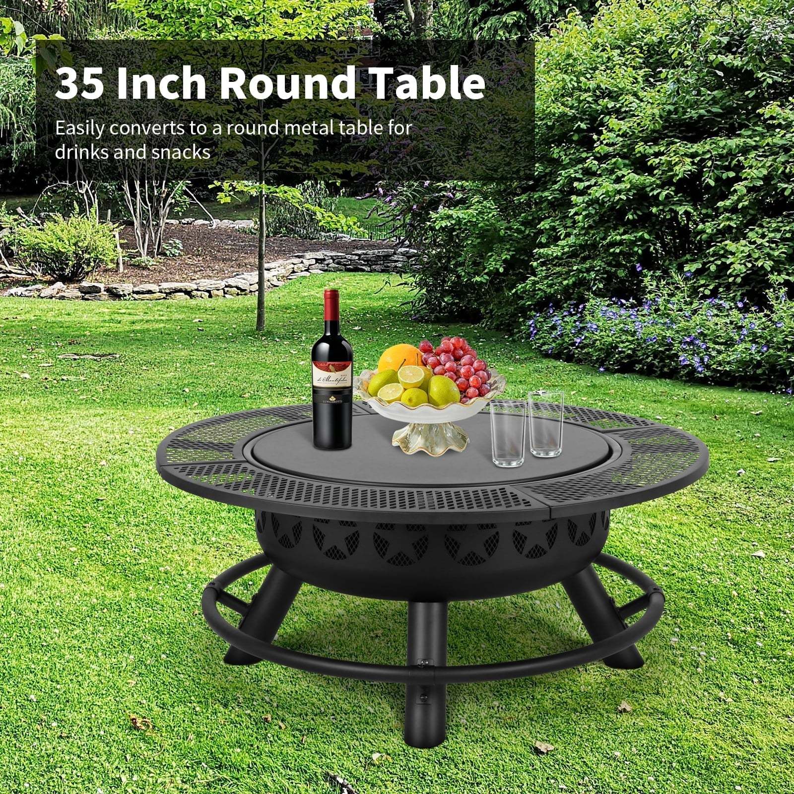 Hykolity 35 Inch Fire Pit with Cooking Grate & Charcoal Pan, Outdoor Wood Burning BBQ Grill Firepit Bowl with Cover Lid, Steel Round Table for Backyard Bonfire Patio Picnic - Image 2