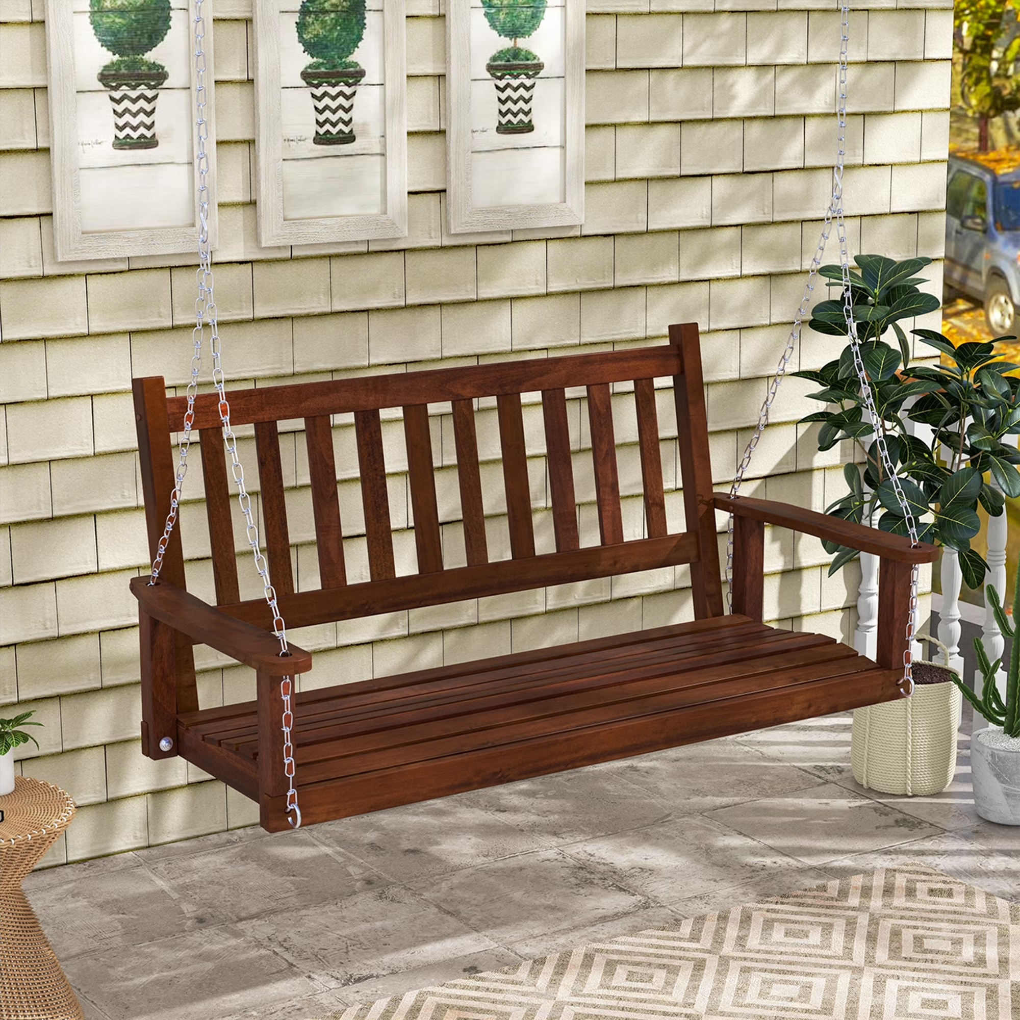 Costway 3-Person Wooden Outdoor Porch Swing Heavy Duty Patio Hanging Bench Chair White - Image 3