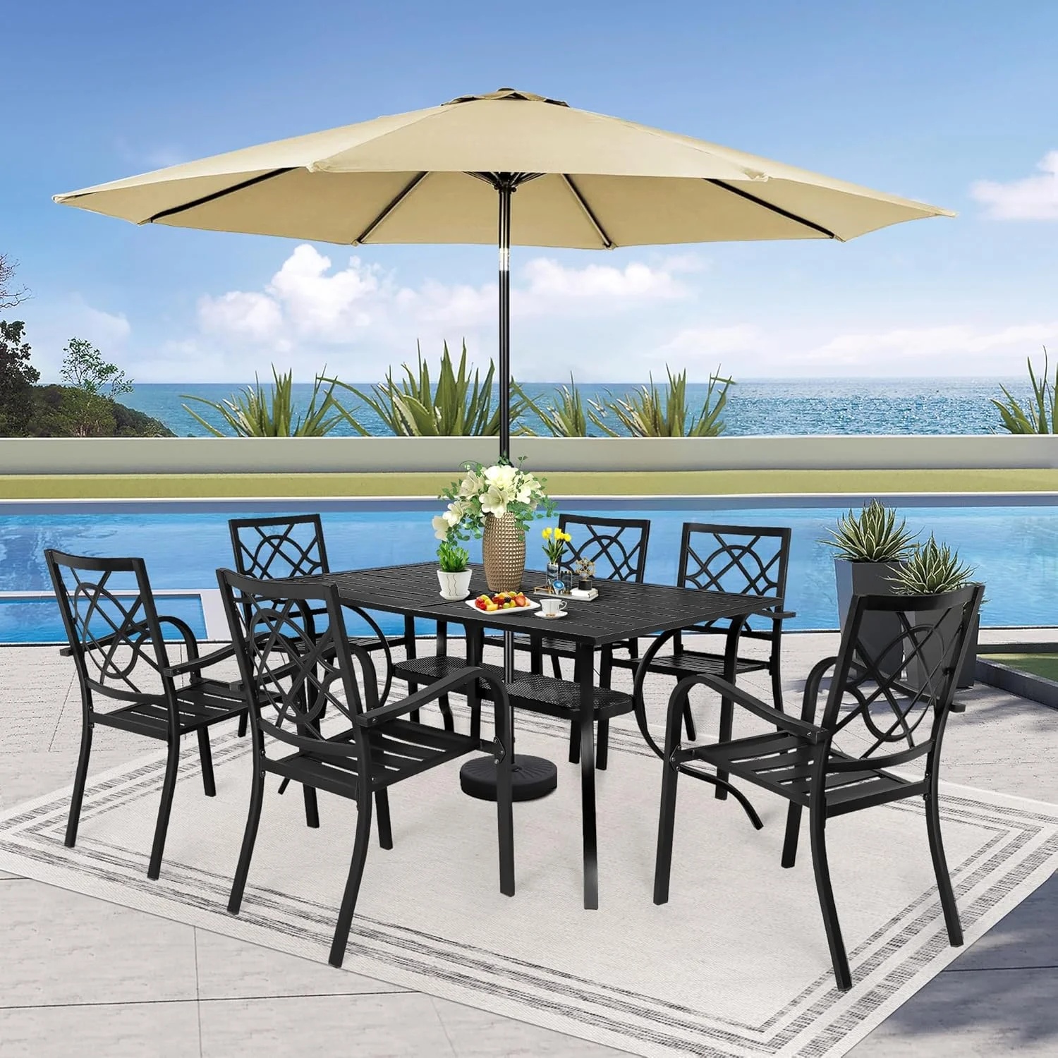 SUNCROWN 7-Piece Outdoor Wrought Iron Chairs and Table Patio Dining Furniture Set - 6 Stackable Metal Chairs, 1 Steel Slat Bistro Table and 1 Brown 9Ft Patio Umbrella for Garden Backyard Deck - Image 12