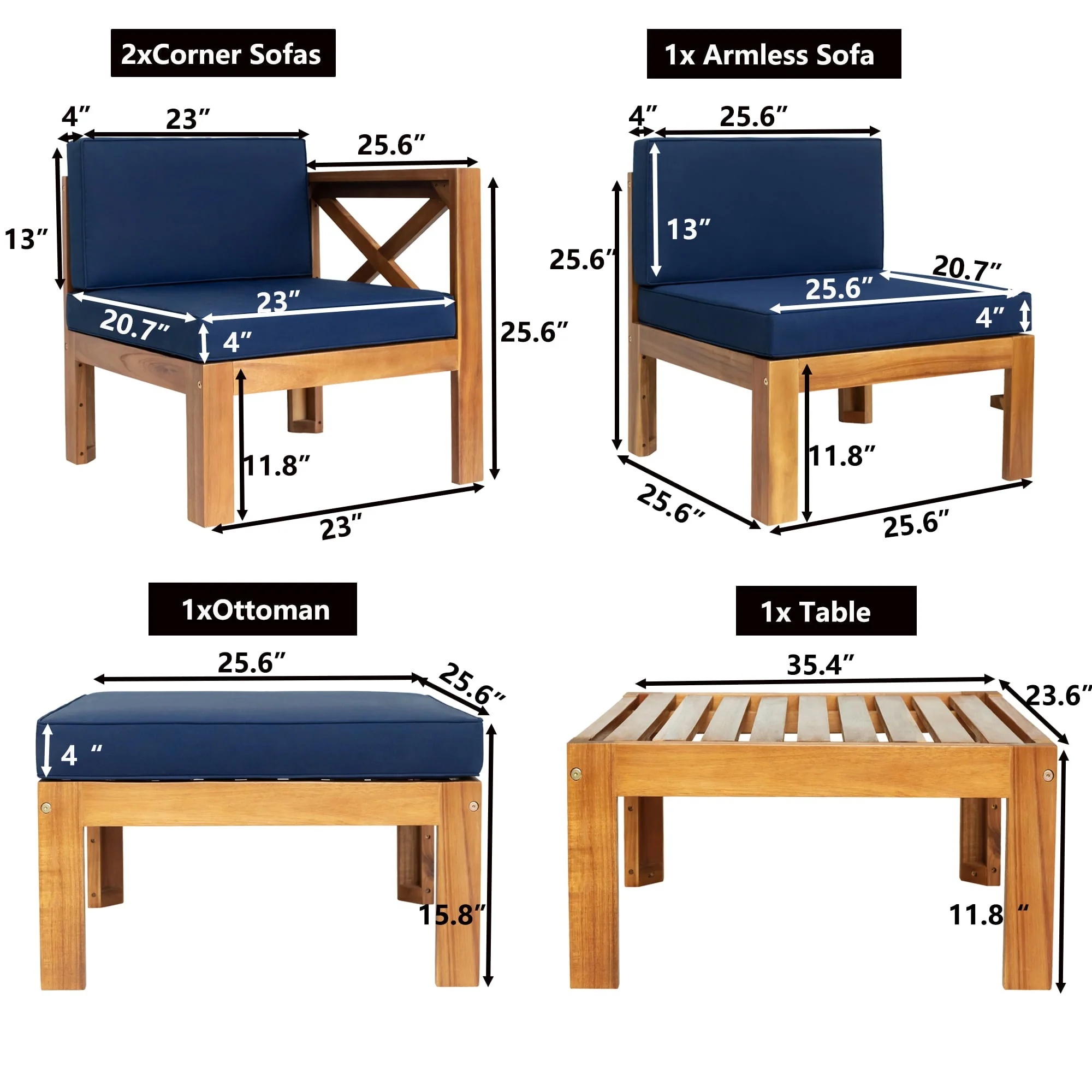 SYNGAR 5 Piece Wood Patio Furniture Set, Outdoor Seating Chat Set with Blue Cushions, Sectional Conversation Sofa Chairs Set with Coffee Table, for Balcony, Backyard, Poolside, Deck, Garden, D8126 - Image 8