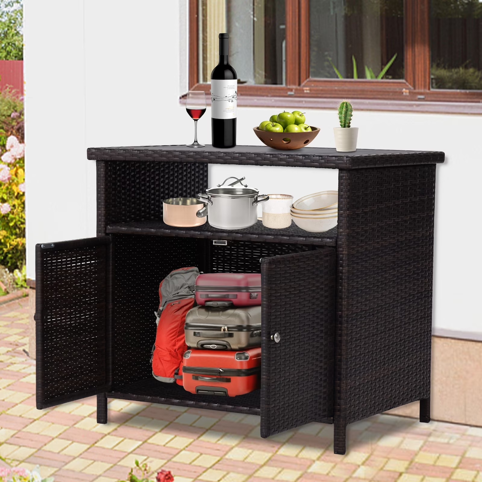 Kinbor Outdoor Wicker Storage Cabinet, Patio Bar Tables with Two Doors & Shelves, Weatherproof Storage Console Table, Dark Brown