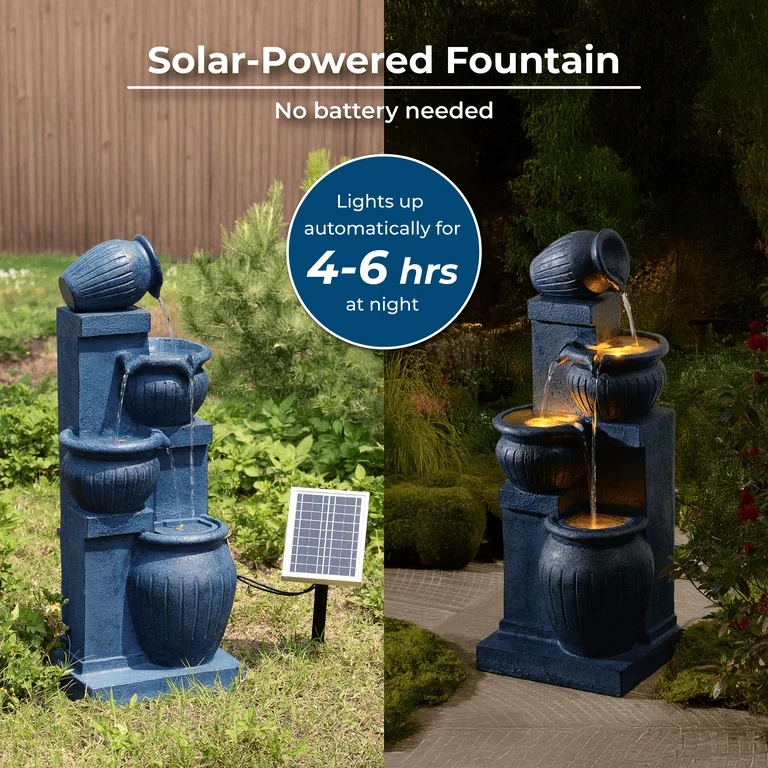 Teamson Home Outdoor Water Fountain with Lights-C 4-Tier Cascading Bowl Design with LED Light & Solar Pump, Solar-Powered Water Fountain Outdoor Garden, Yard, or Patio D-cor, Navy Blue - Image 4