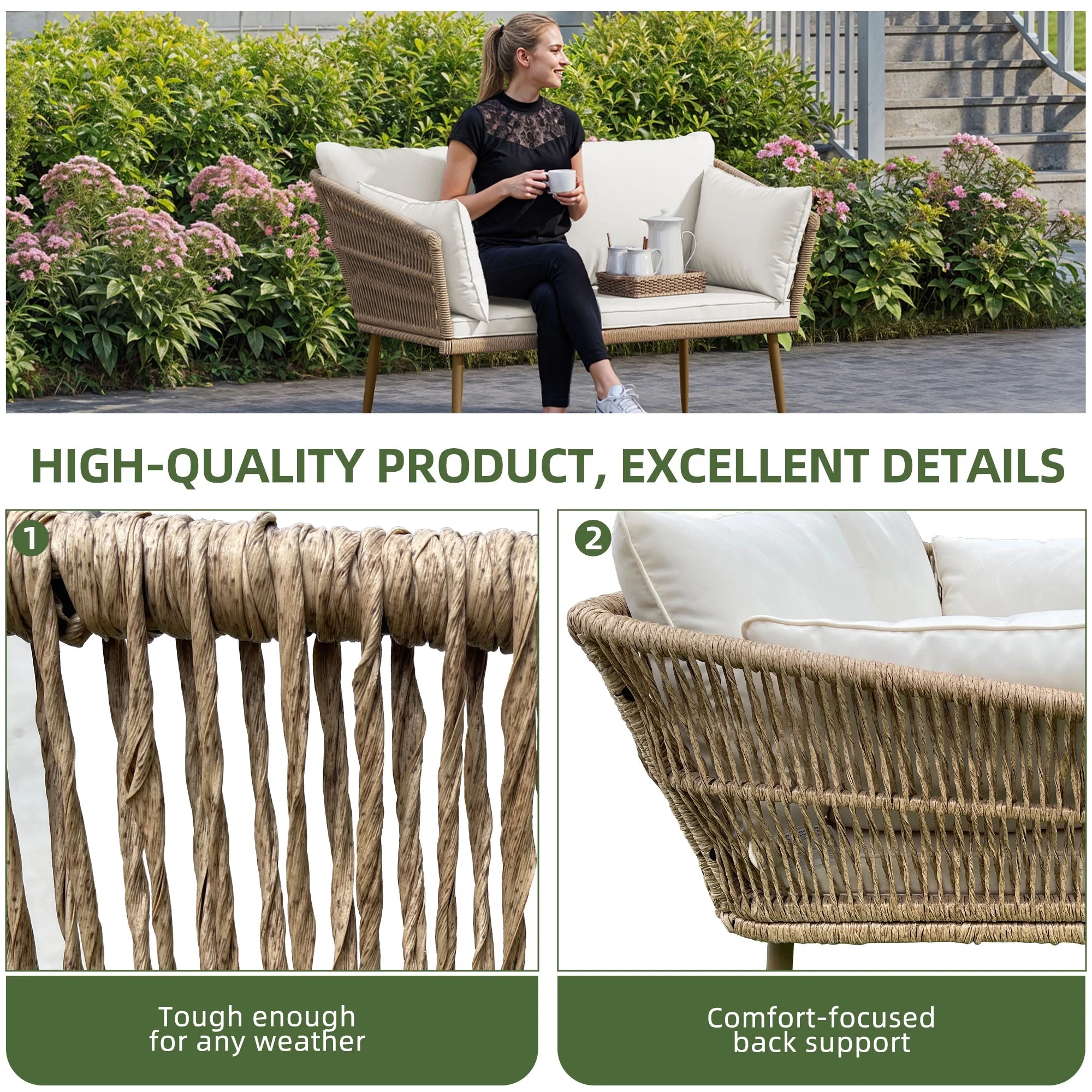 Uforic Outdoor Wicker Loveseat with Cushions and Rattan Side Table, All-Weather 2 Pieces Bistro Patio Conversation Furniture Set -Beige - Image 21