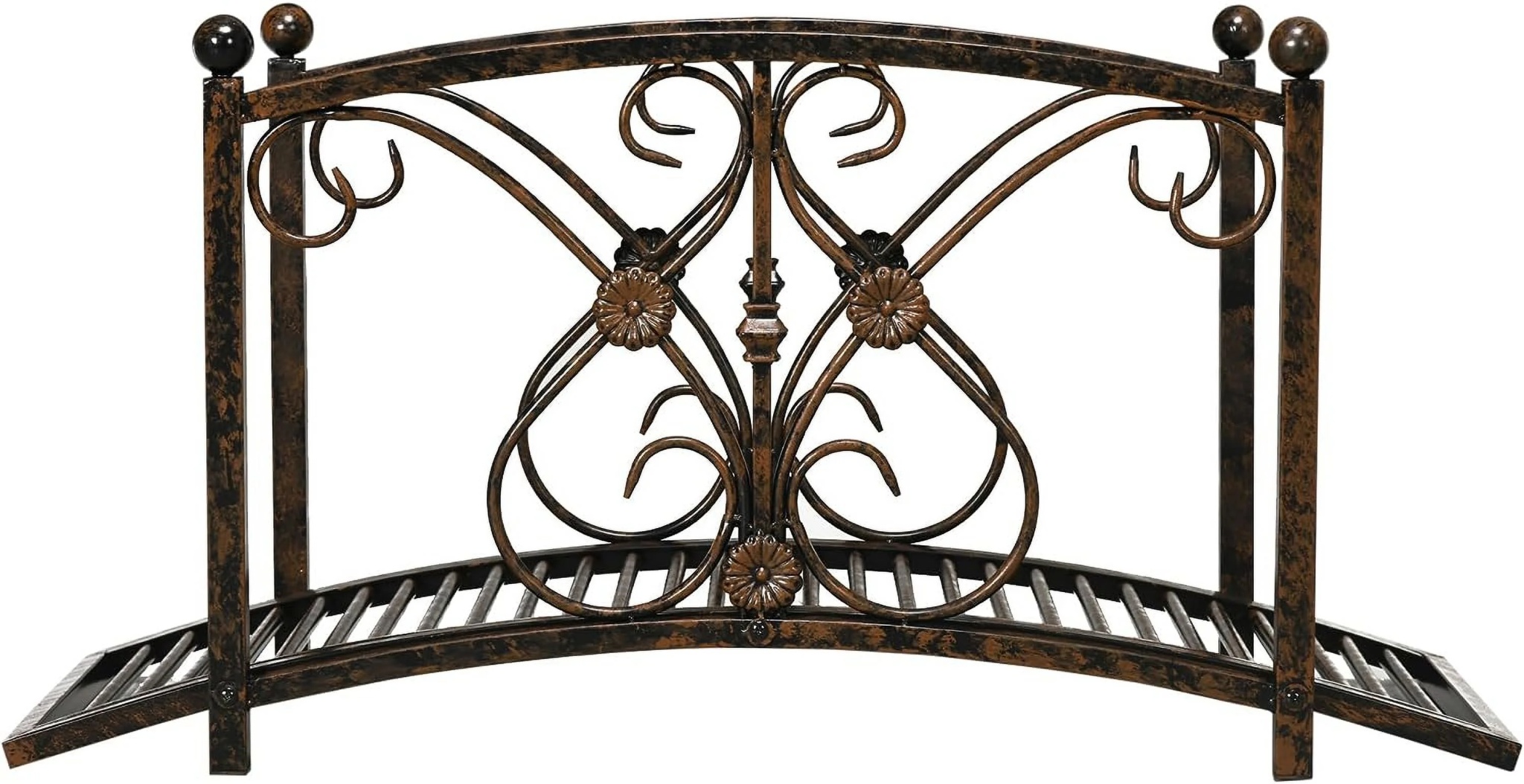 Metal Arch Zen Garden Bridge with Safety Siderails, Decorative Footbridge, Delicate Floral Scrollwork for Stream, Fish Pond, Brown - Image 6
