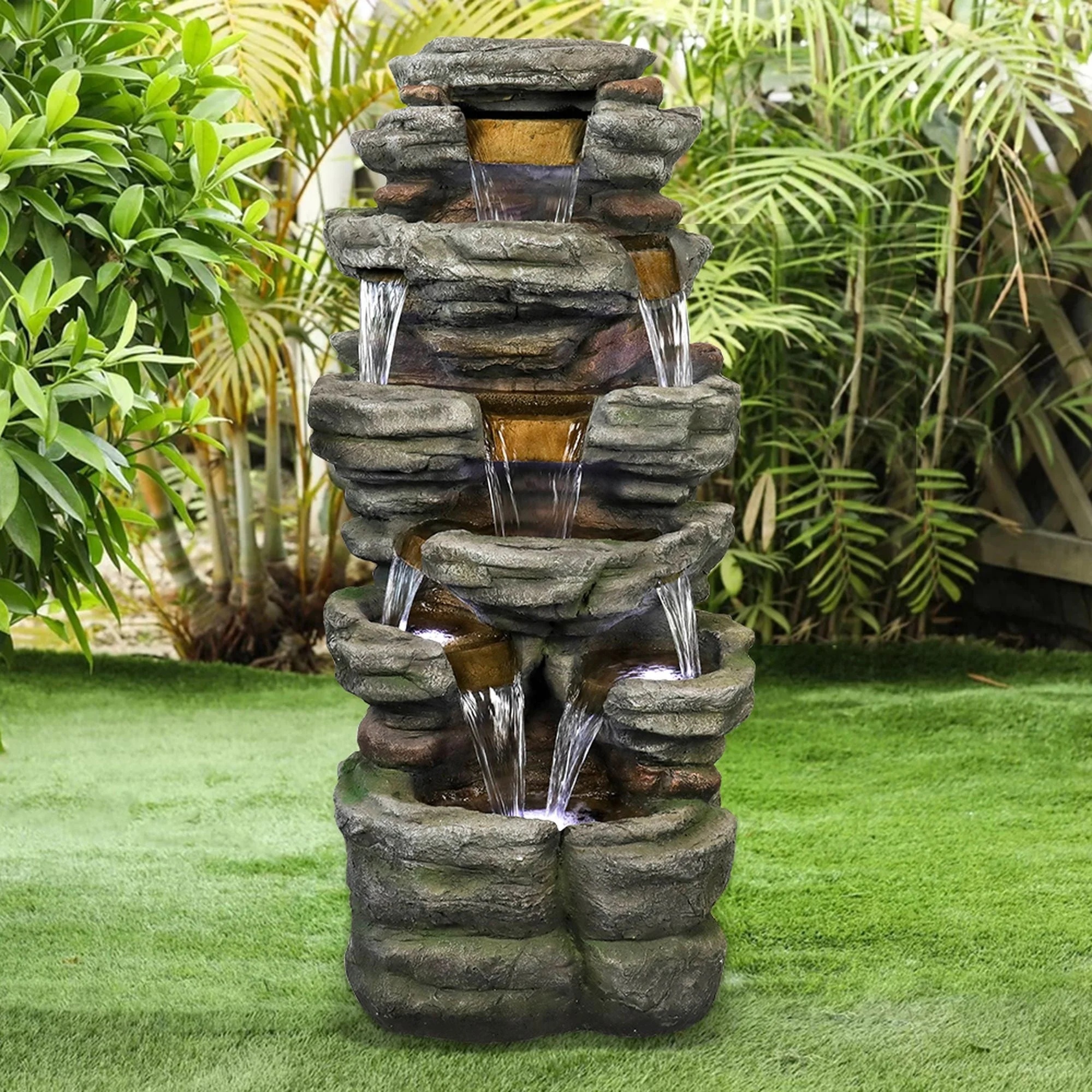 Willwolfer Rockery Outdoor Floor Water Fountain with Light LED 47.2" High Cascading Waterall for Yard Garden Patio Deck Home - Image 2