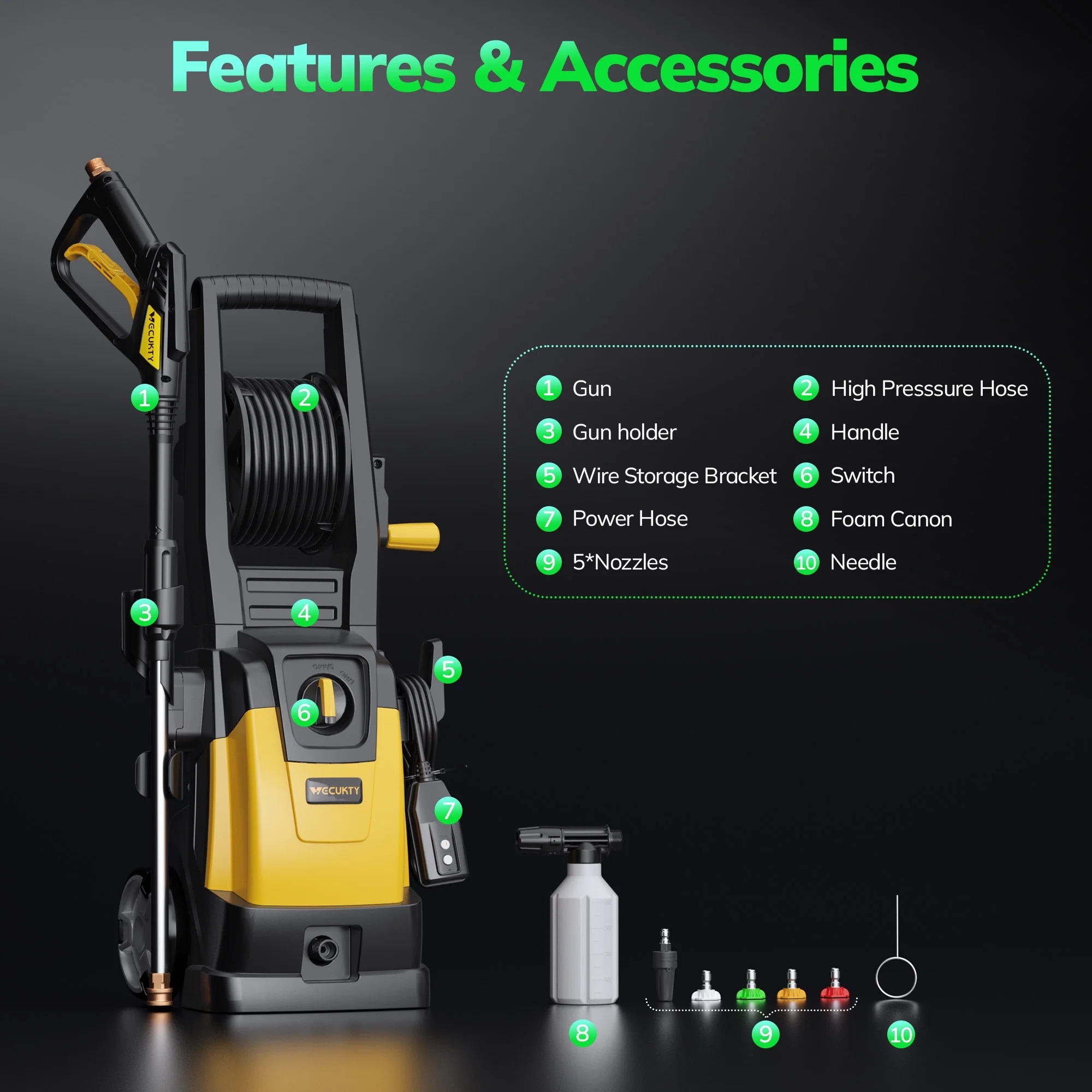 VECUKTY Electric Pressure Washer,4000 PSI Max 2.8 GPM Power Washer with 35FT Cord,20FT Hose,5 Quick Nozzles,Foam Cannon for Car Garden Patio - Image 8