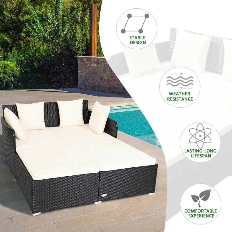 Veryke Outdoor Patio Wicker Daybed Double Chaise Lounge with Cushion, Recliner Chair for Patio Furniture - Beige - Image 6