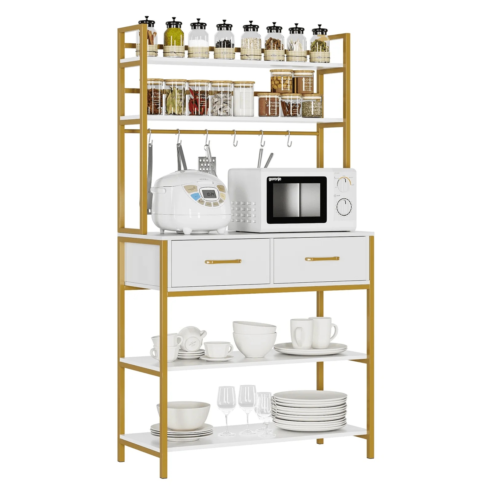 Homfa 2 Drawers Ladder Shelf, 5 Tier Modern Bookcase, Multifunctional Bookshelf Storage Rack, Gold and White - Image 11