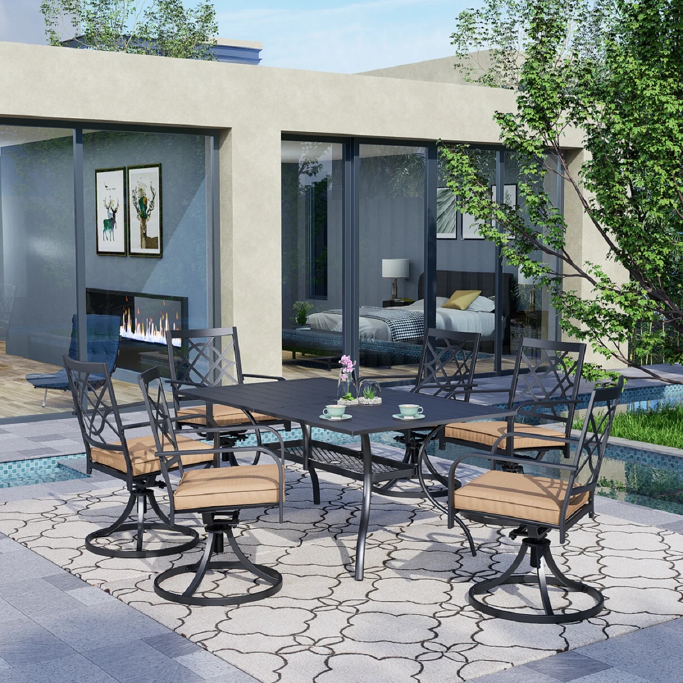 SUNCROWN 7-Piece Outdoor Wrought Iron Chairs and Table Patio Dining Furniture Set - 6 Stackable Metal Chairs, 1 Steel Slat Bistro Table and 1 Brown 9Ft Patio Umbrella for Garden Backyard Deck - Image 68