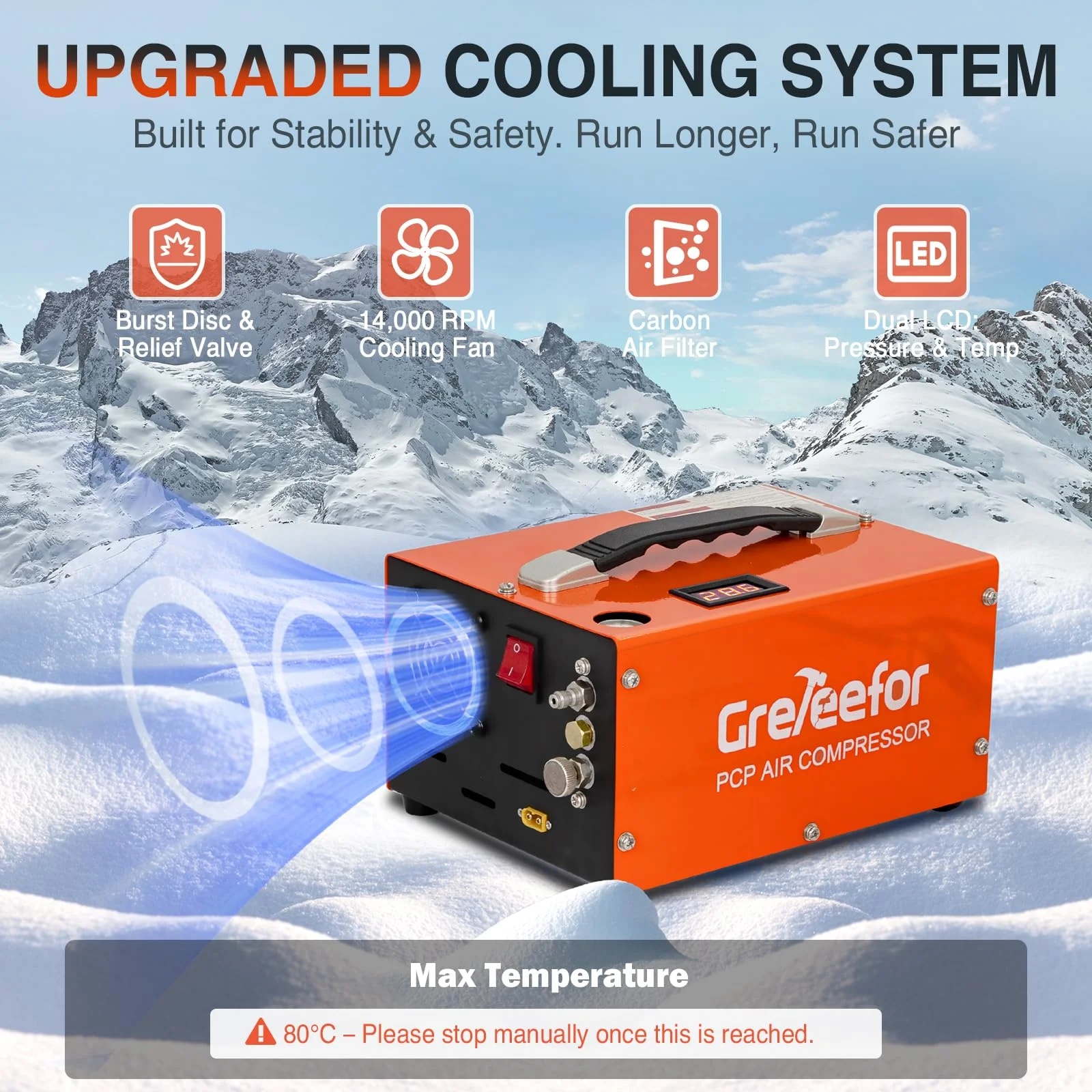 Greteefor PCP Air Compressor, Built-in 600W Adapter, 4500Psi/30Mpa, 350W Motor, 12V DC or 110V/220V AC Power, Auto Stop, Water/Oil free &Cooling Fan for Air Rifle, Paintball, HPA Tanks LightWeight - Image 2