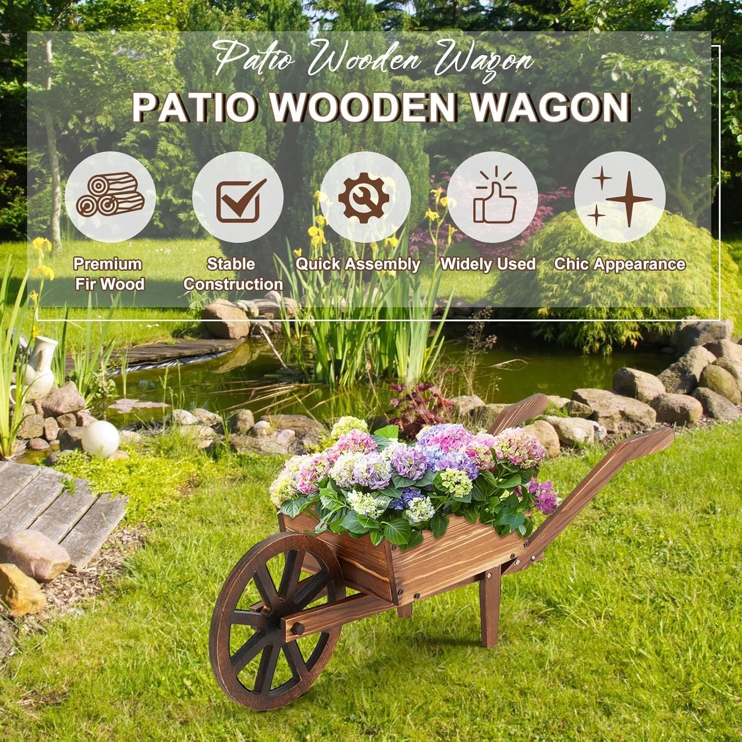 Wooden Wagon Planter Box, Garden Planter with Wagon Wheels, Flower Cart for Patio Garden Balcony, Decorative Patio Flowers Herbs Vegetables for Indoor Outdoor Decor, Brown(Rustic) - Image 6