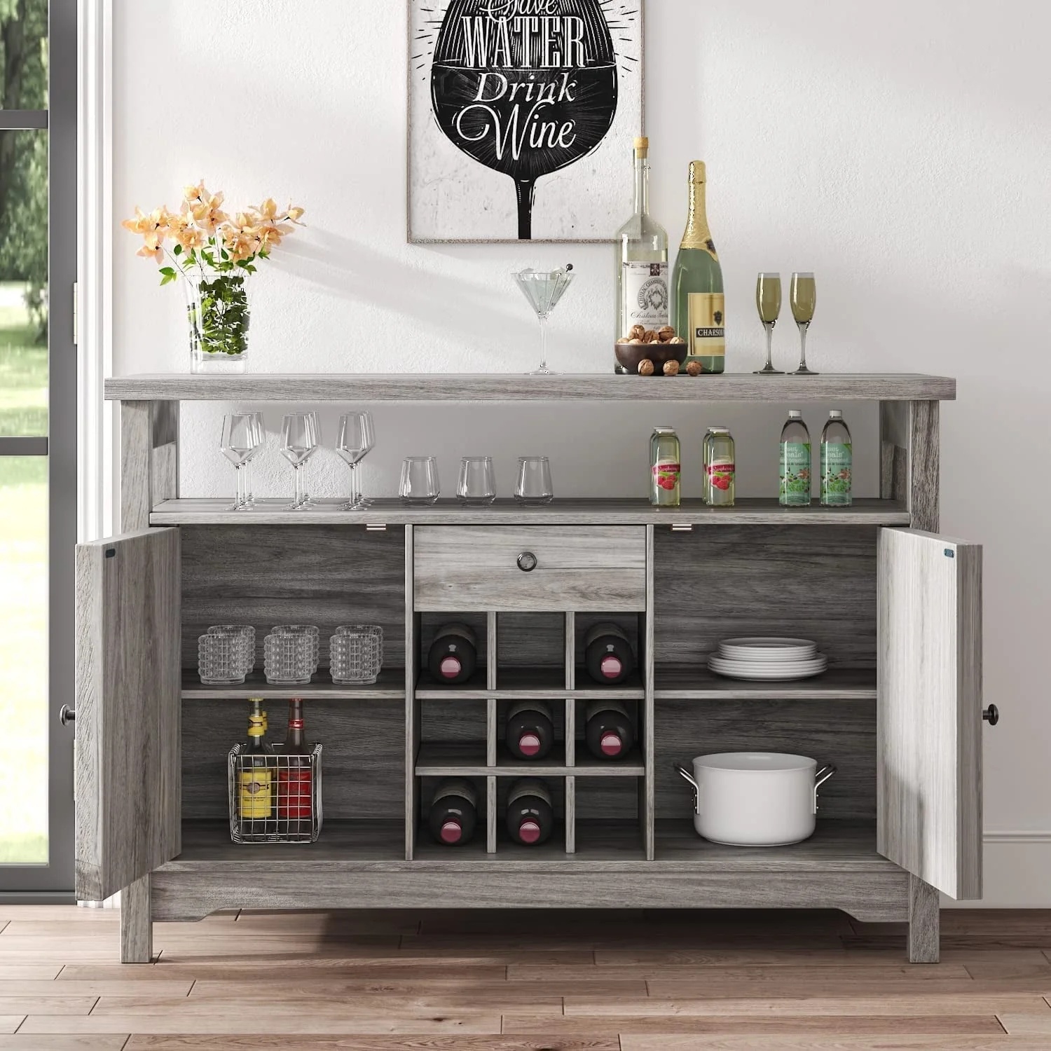 Catrimown Farmhouse Coffee Bar Cabinet, 47" Sideboard Buffet Cabinet with Barn Door, Buffet Storage Cabinet with Removable Wine Rack, Farmhouse Gray - Image 3
