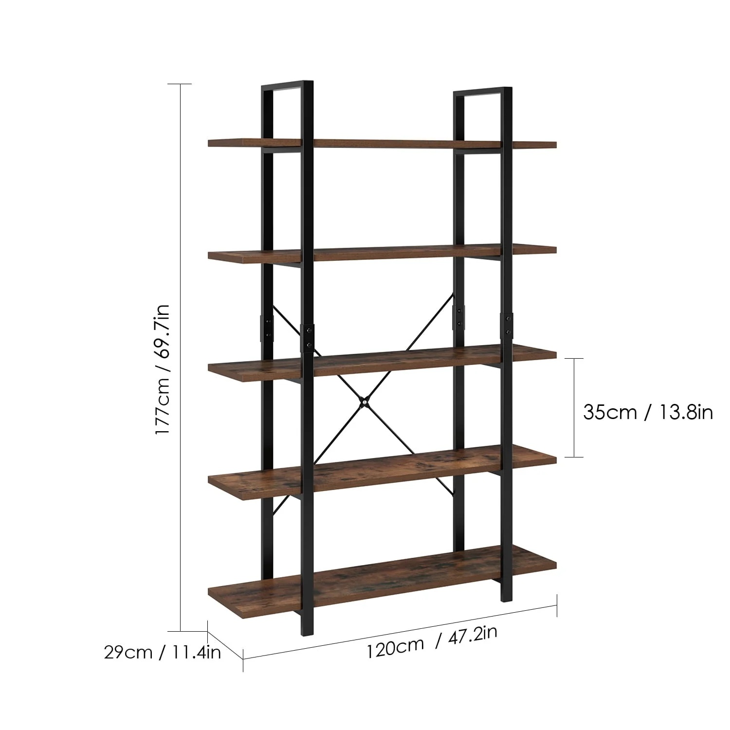 Homfa Industrial 5 Tier Storage Bookshelf , Wood Bookcase Shelf Unit with Metal Frame for Home Office Living Room, Rustic Brown - Image 2