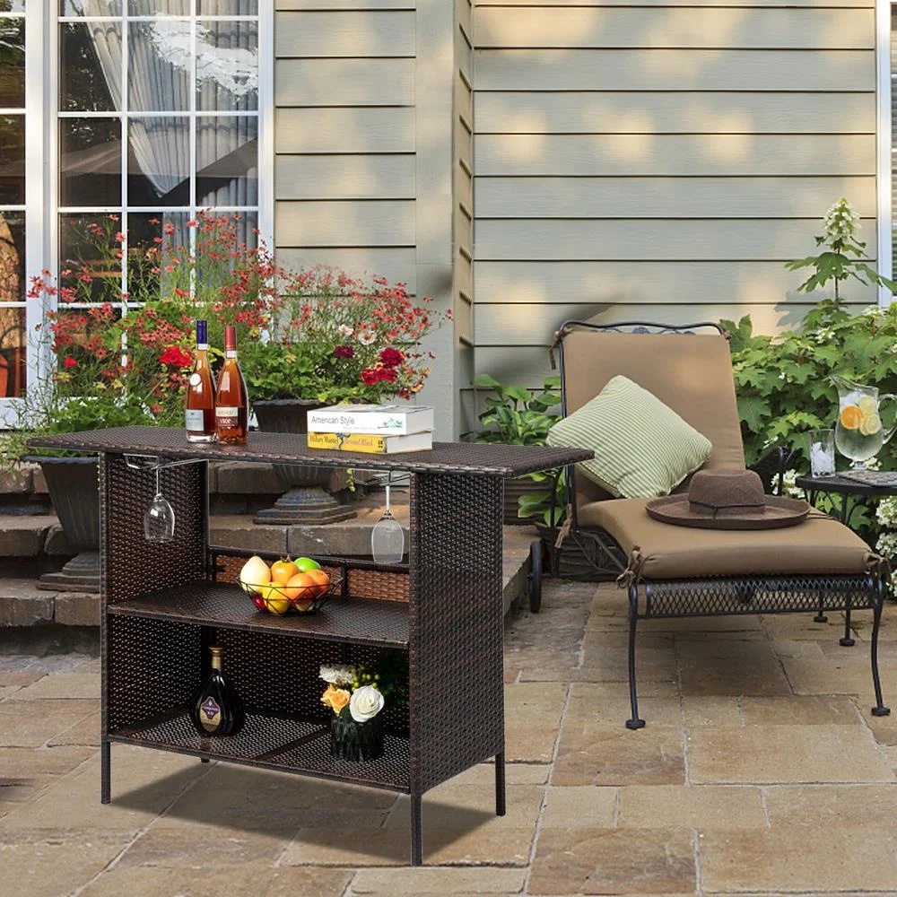 Zimtown Outdoor Wicker Bar Table with 2 Steel Shelves Brown, Patio Bar Table for Storage Function with 2 Tiers - Image 3