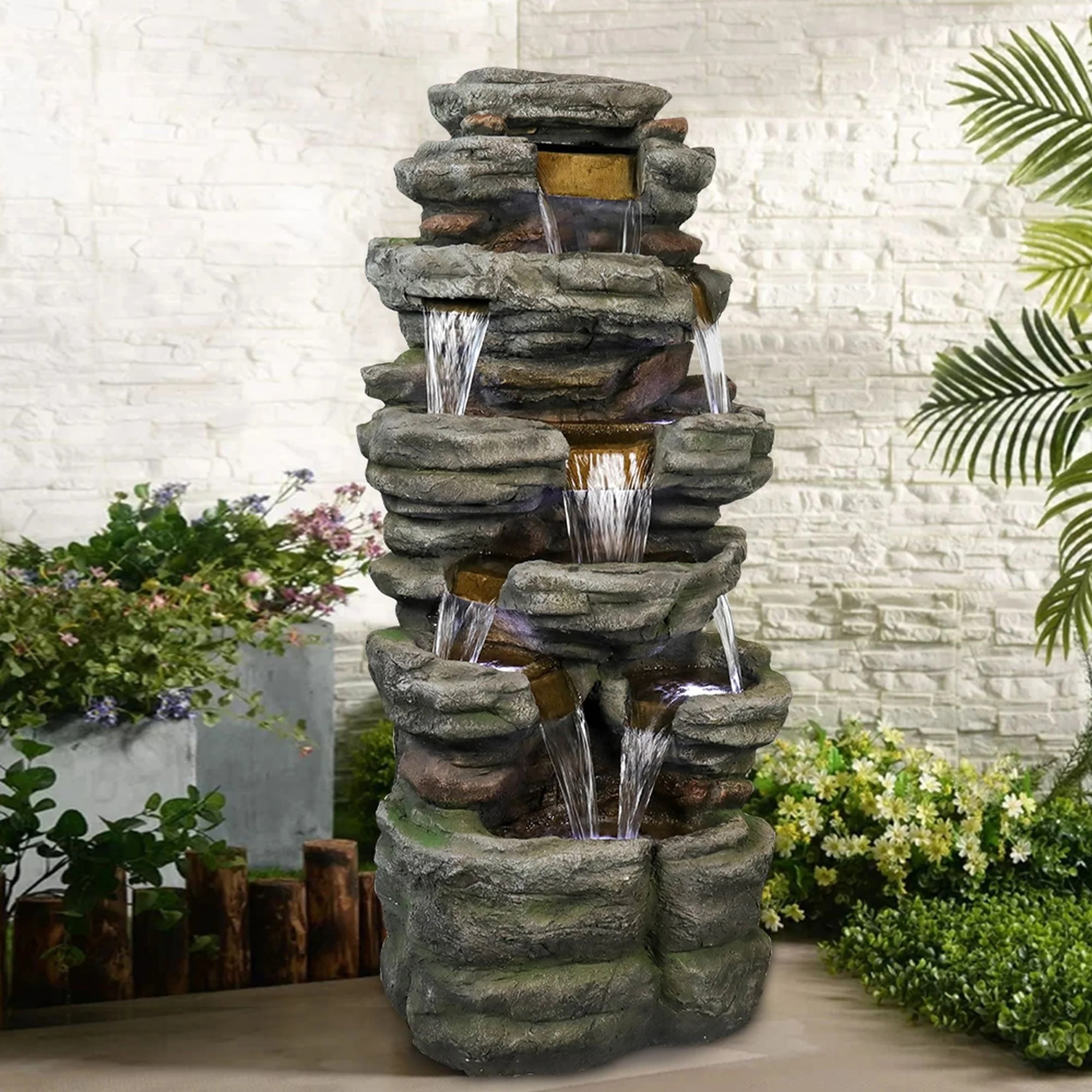 Willwolfer Rockery Outdoor Floor Water Fountain with Light LED 47.2" High Cascading Waterall for Yard Garden Patio Deck Home - Image 3