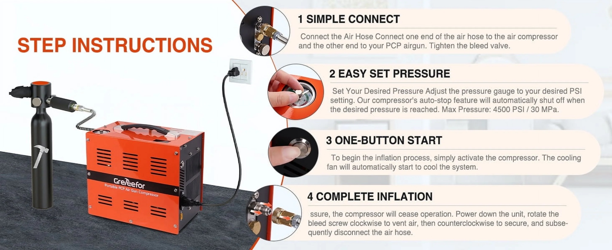 Greteefor PCP Air Compressor, Built-in 600W Adapter, 4500Psi/30Mpa, 350W Motor, 12V DC or 110V/220V AC Power, Auto Stop, Water/Oil free &Cooling Fan for Air Rifle, Paintball, HPA Tanks LightWeight - Image 19