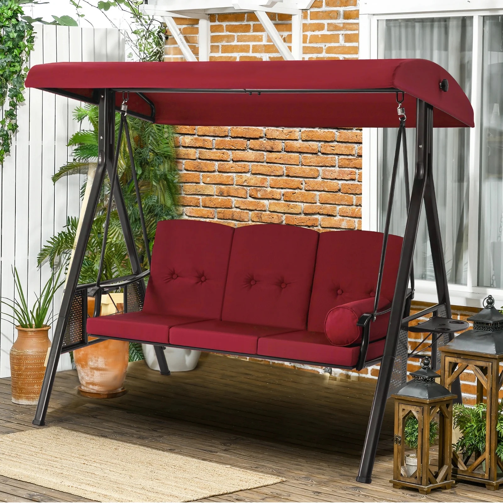 AECOJOY 3 Persons Outdoor Patio Canopy Steel Porch Swing Chair-Beige, Porch Swing - Image 33