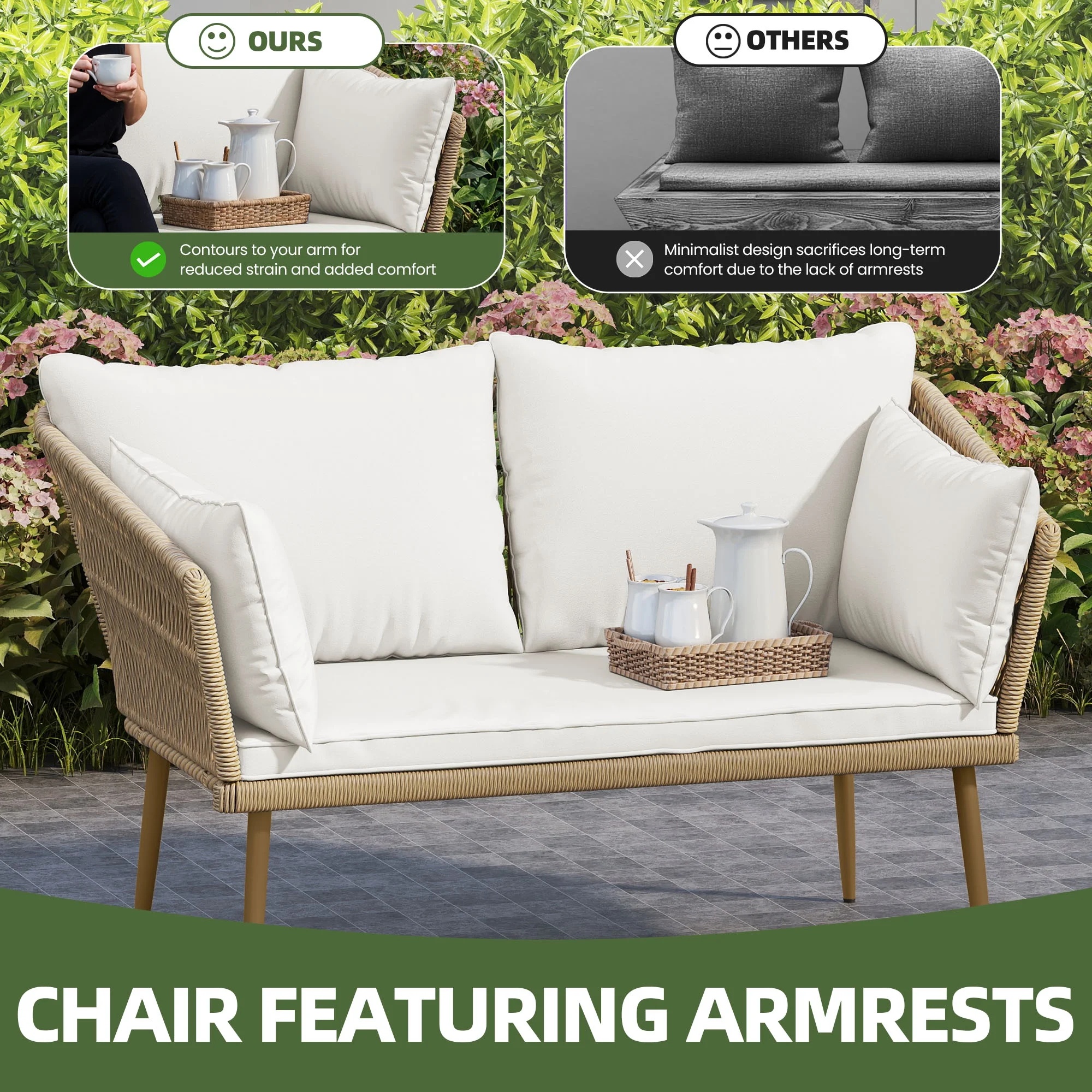Uforic Outdoor Wicker Loveseat with Cushions and Rattan Side Table, All-Weather 2 Pieces Bistro Patio Conversation Furniture Set -Beige - Image 22