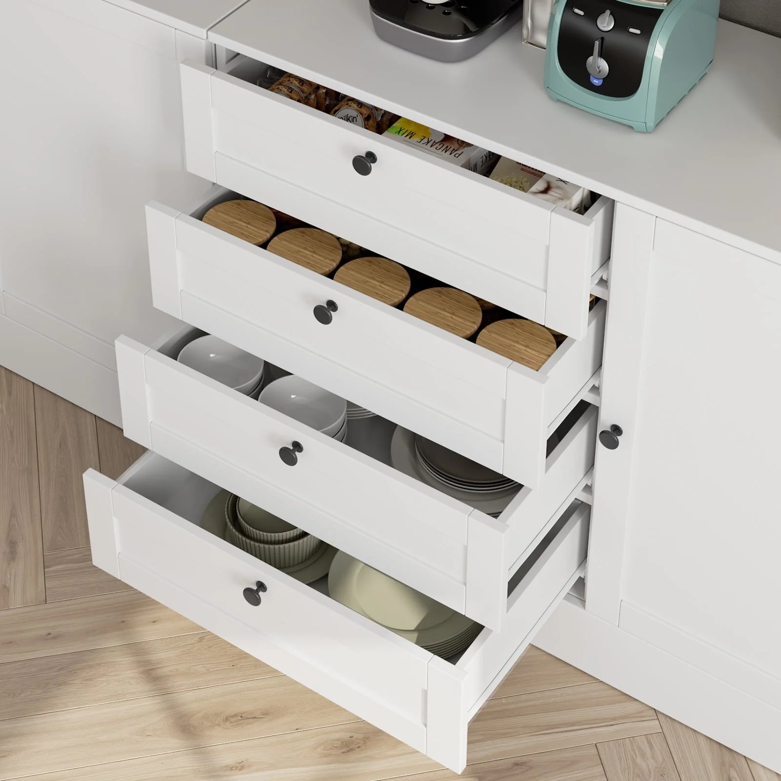 Homfa White Storage Cabinet with 4 Drawers & 1 Door, 43.3'' Wide Chest Sideboard Buffet for Dining Room, Kitchen, Bedroom - Image 5