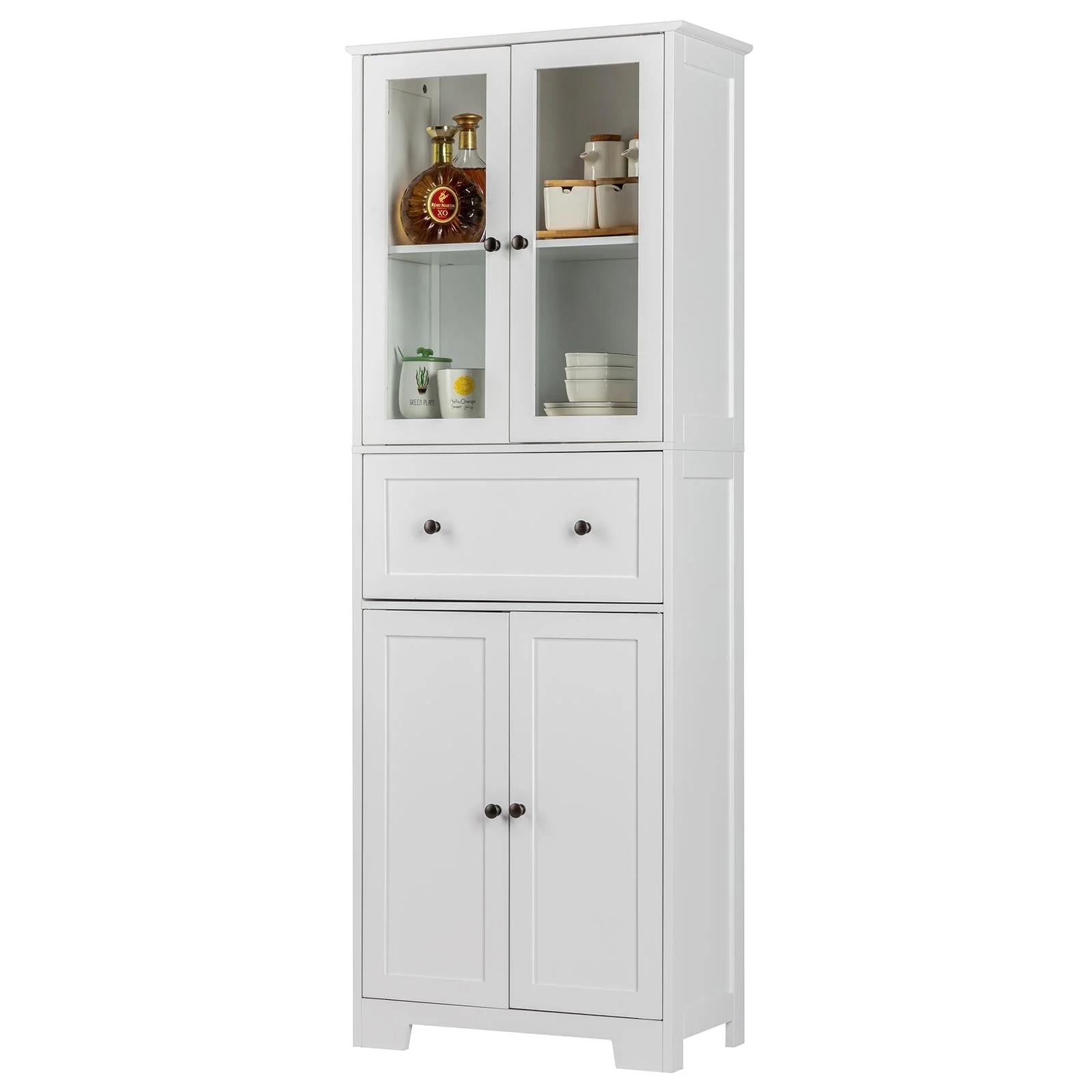 Ktaxon 64" Tall Bathroom Storage Cabinet Organizer, Freestanding Kitchen Pantry Cabinet Line Tower with 2 Glass Doors, Large Drawer & 4 Adjustable Shelves for Dining Room Living Room Home Office,White - Image 19