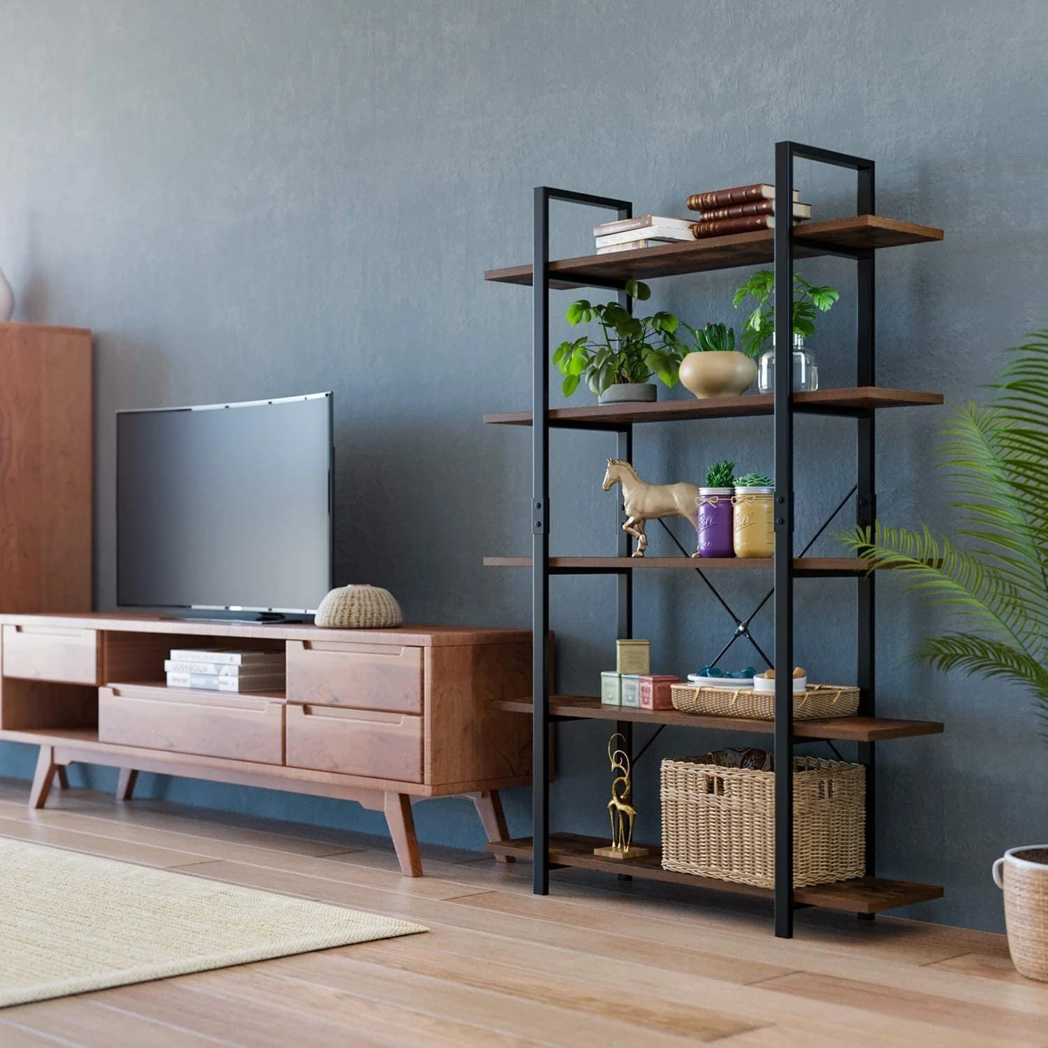 Homfa Industrial 5 Tier Storage Bookshelf , Wood Bookcase Shelf Unit with Metal Frame for Home Office Living Room, Rustic Brown - Image 5