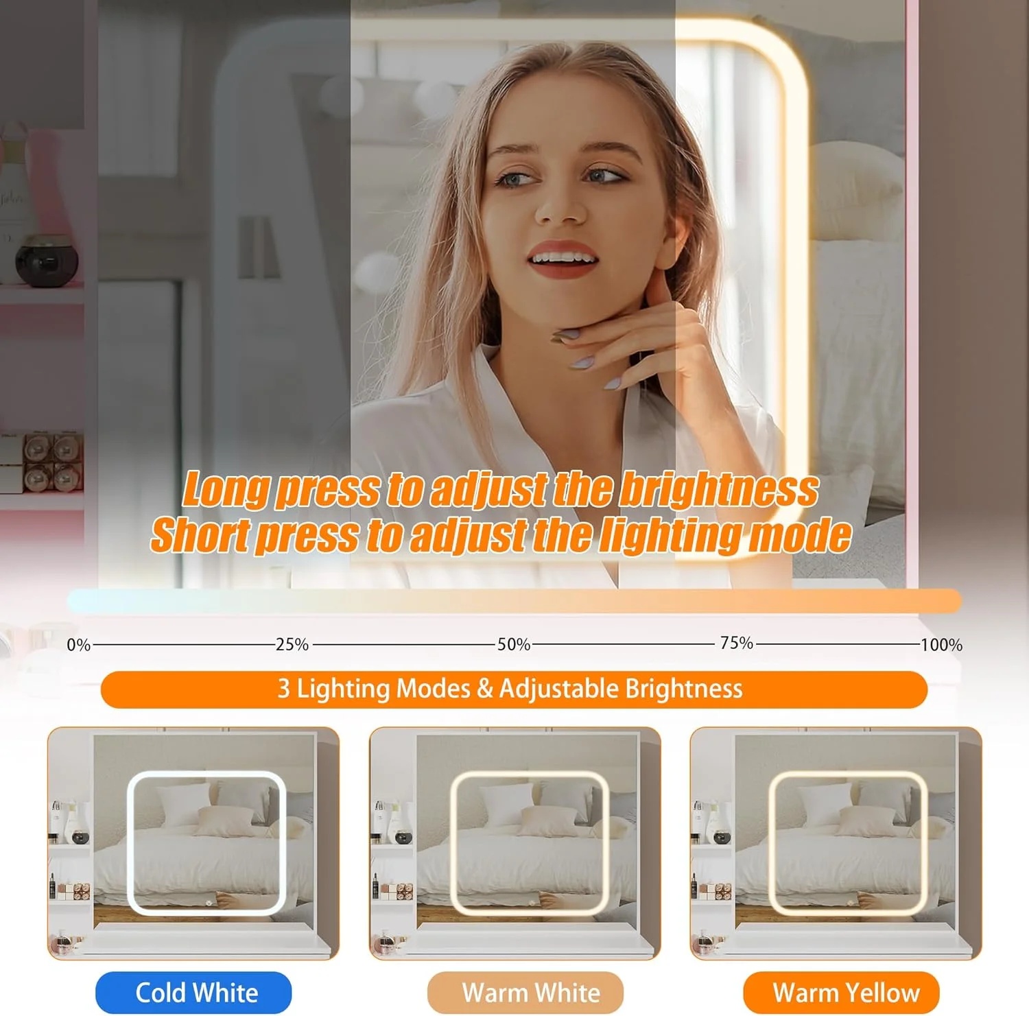 Vanity Desk with Sliding Mirror and Lights, Makeup Vanity Set with Power Outlet, 4 Drawers, Stool, Open Shelves, 3 Color Lighting Modes, Brightness Adjustable, Makeup Dressing Table for Bedroom - Image 15
