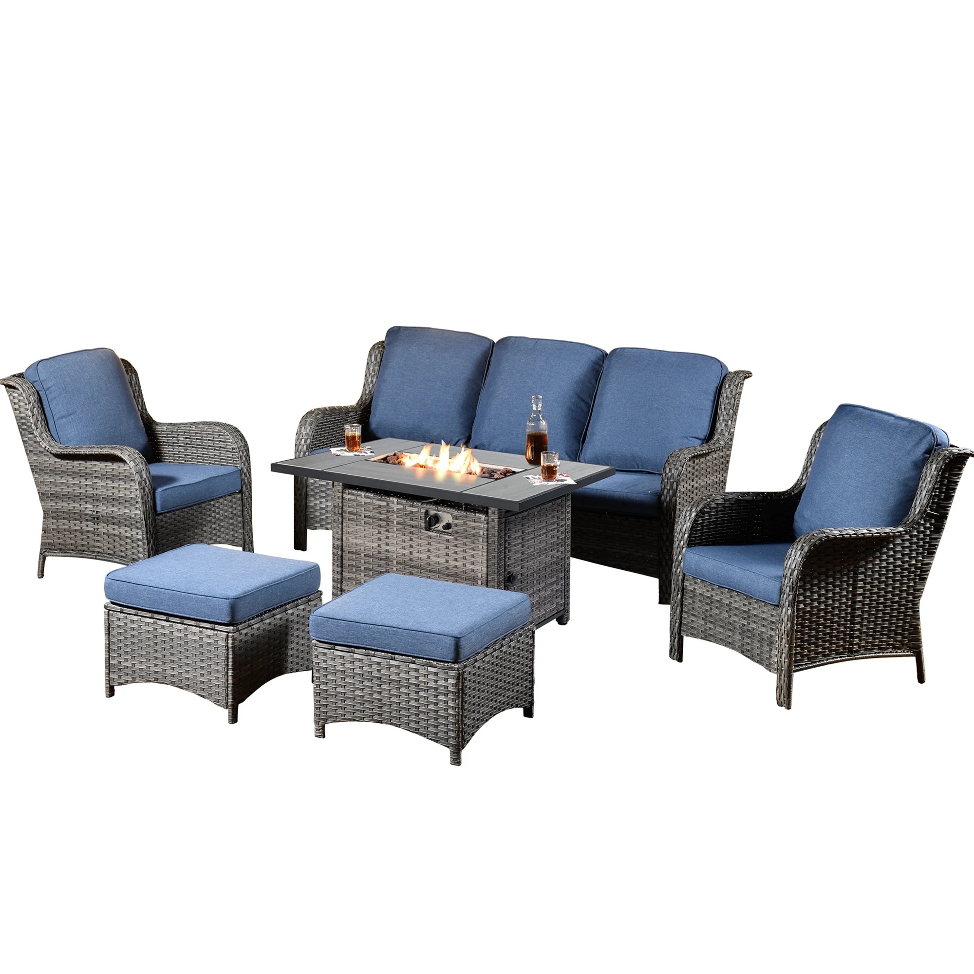 Ovios 6 Pieces Outdoor Furniture with CSA Fire Pit Wicker Patio Conversation Set All Weather Sectional Sofa for Porch - Image 2