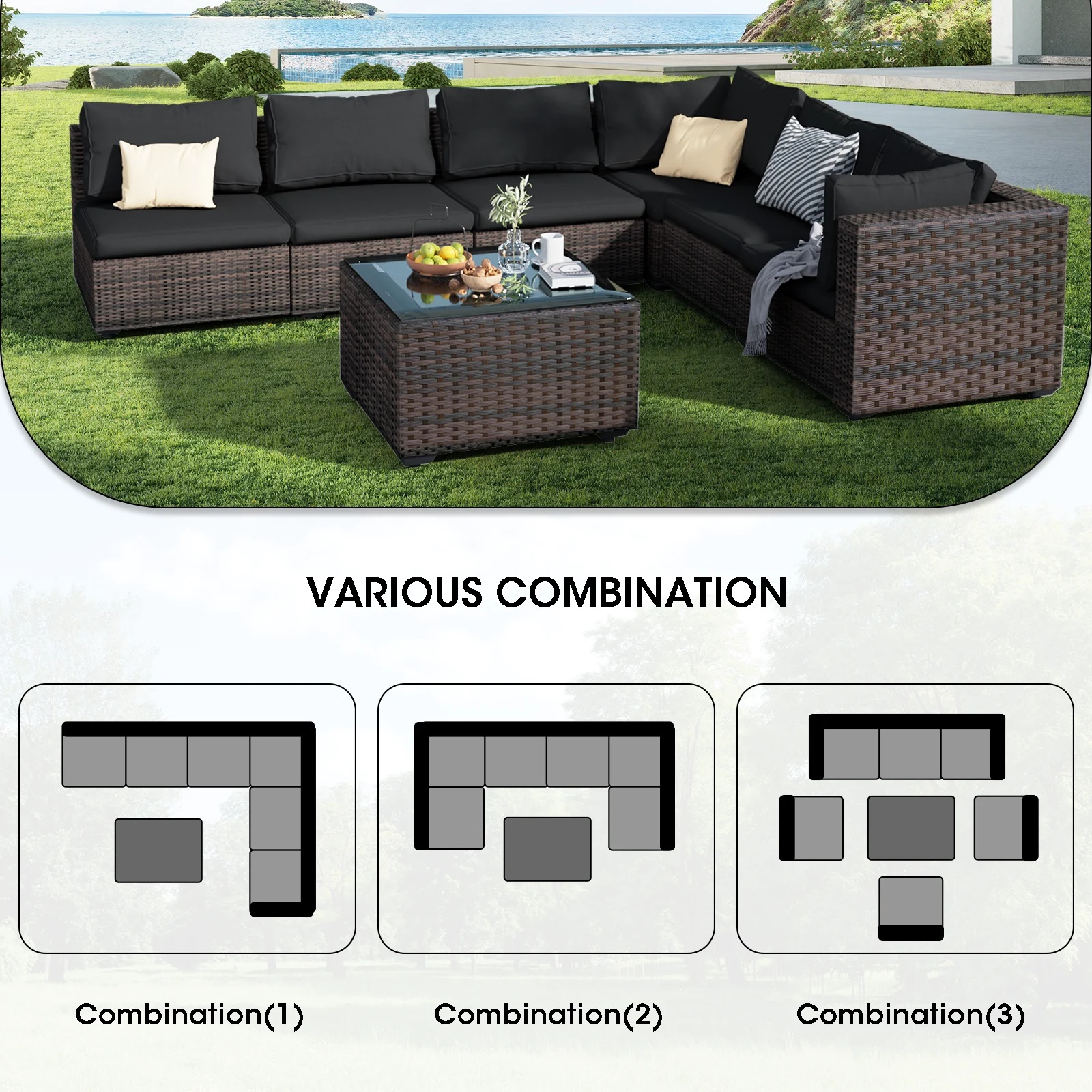 Grezone 7 Patio Outdoor Furniture Wicker Sectional Sofa Couch Lawn Sectional, Black - Image 10