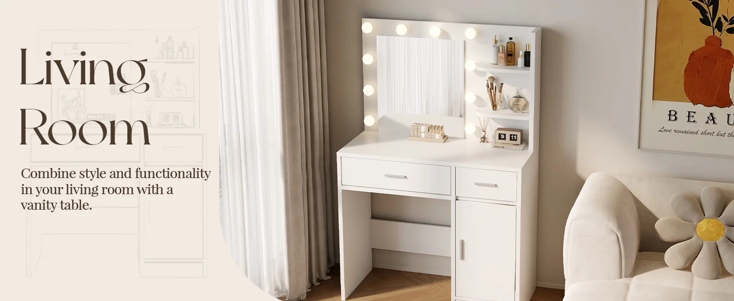 LIVELYGLOW Vanity Desk with Mirror and Lights, Makeup Vanity with Drawer & Storage Shelves, Cabinet, 3 Lighting Modes Adjustable Brightness,White - Image 6