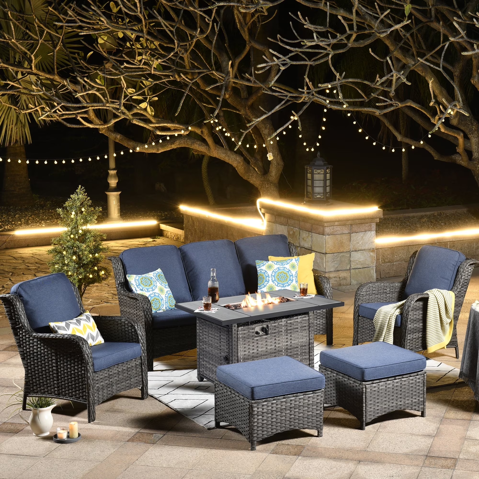 Ovios 6 Pieces Outdoor Furniture with CSA Fire Pit Wicker Patio Conversation Set All Weather Sectional Sofa for Porch