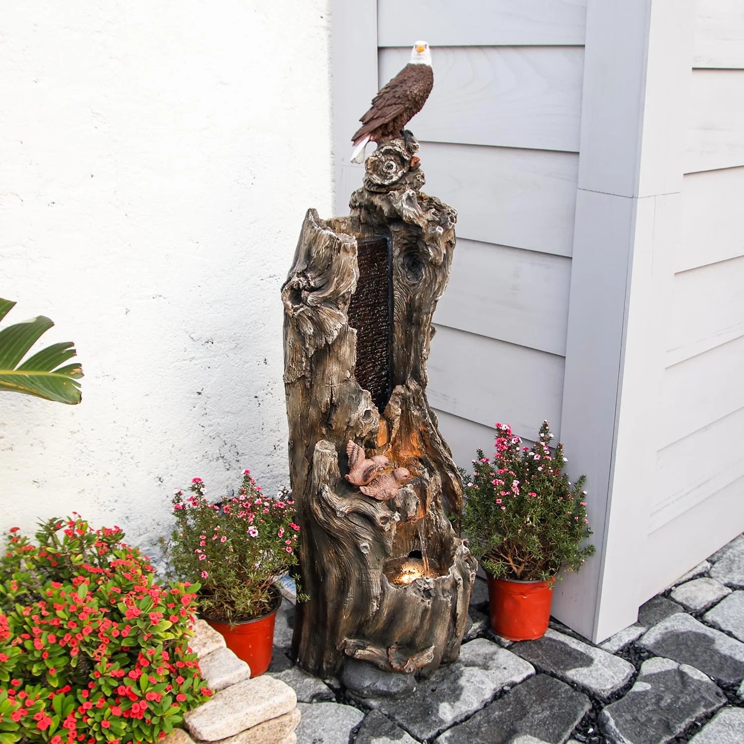 50.79" H Outdoor Rainforest Waterfall Tree Trunk Fountain with Bald Eagle Outdoor Cascading Water Feature for Garden Patio Backyard Landscape Decor 3-Tier Water Fountains - Image 2