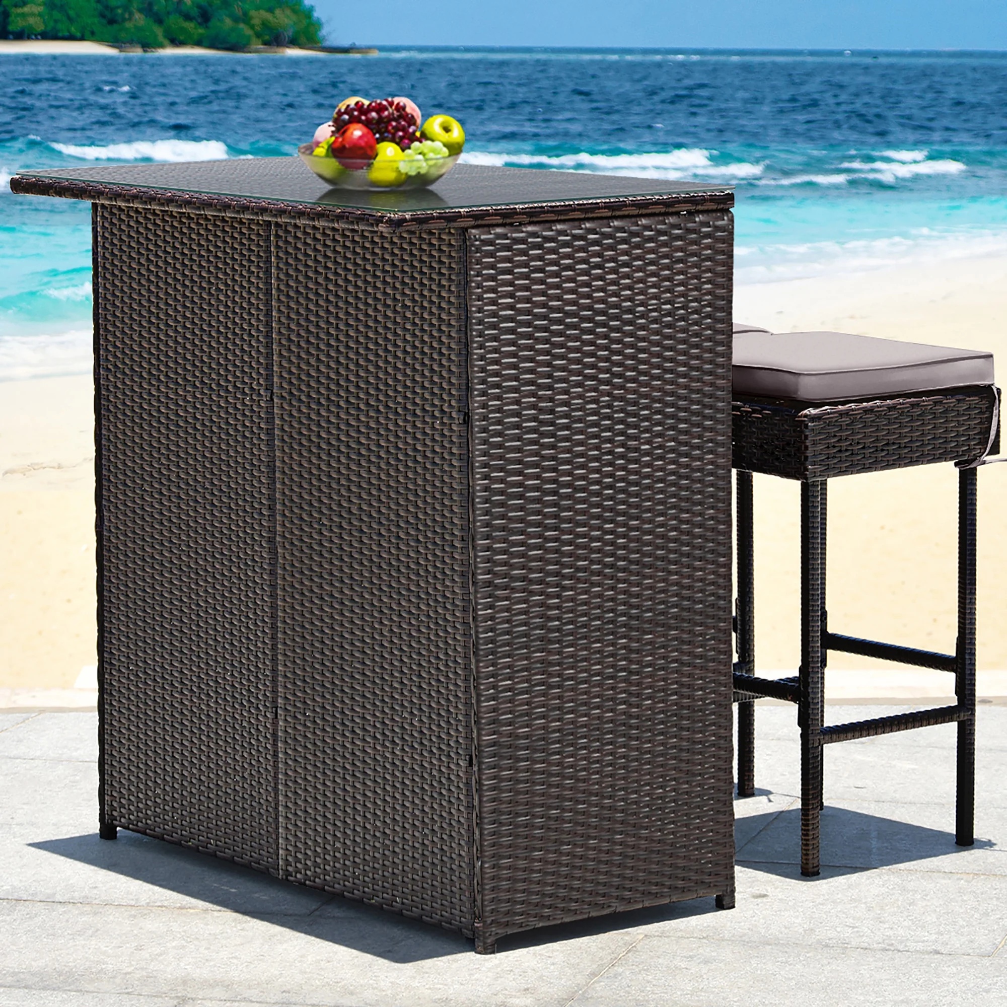 Costway Patio 3PCS Rattan Bar Table Stool Set Cushioned Chairs with Gray & Off white Cover - Image 10