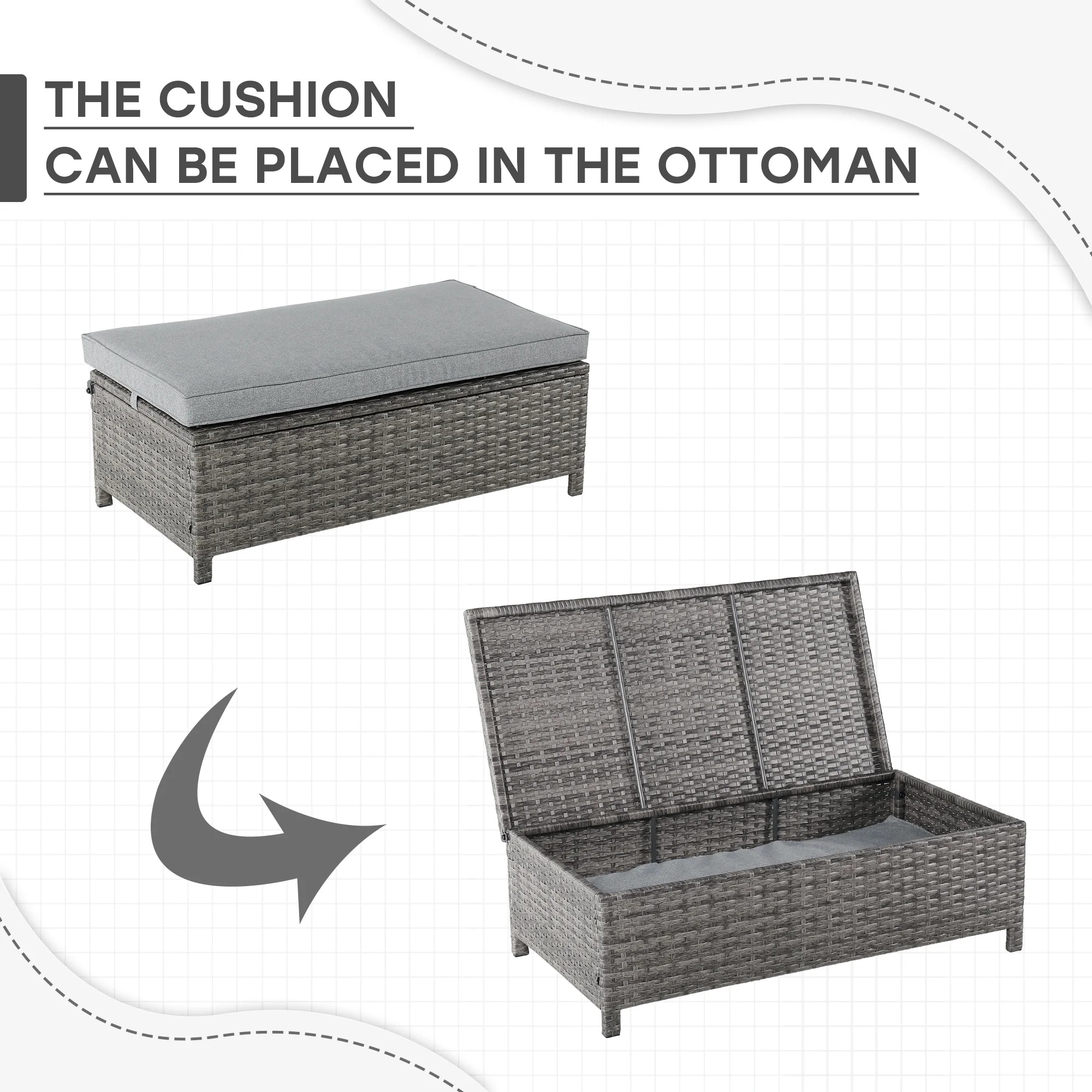 Outdoor Wicker Love Seat and Coffee Table Set, Weather Resistant Grey Rattan, Patio Furniture with Gray Cushions & Storage Bin - Image 9