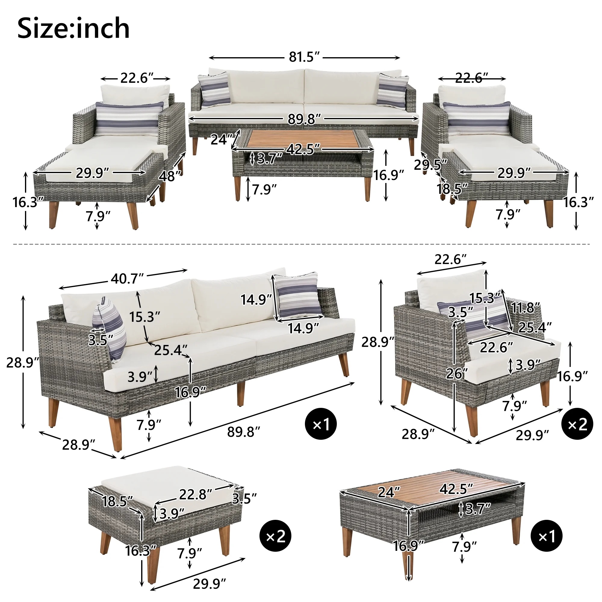 6 Pieces Wicker Patio Furniture Set Outdoor Conversation Set, All Weather PE Rattan Sectional Sofa Couch with Storage Table and Cushions, Beige - Image 9