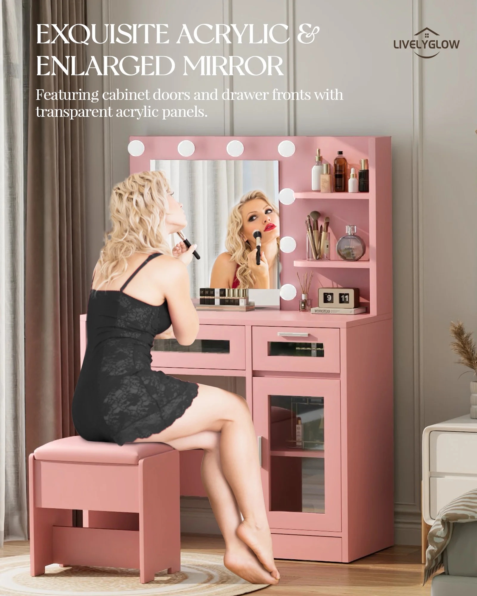 LIVELYGLOW Vanity Desk with Mirror and Lights, Makeup Vanity with Drawer & Storage Shelves, Cabinet, 3 Lighting Modes Adjustable Brightness,White - Image 20