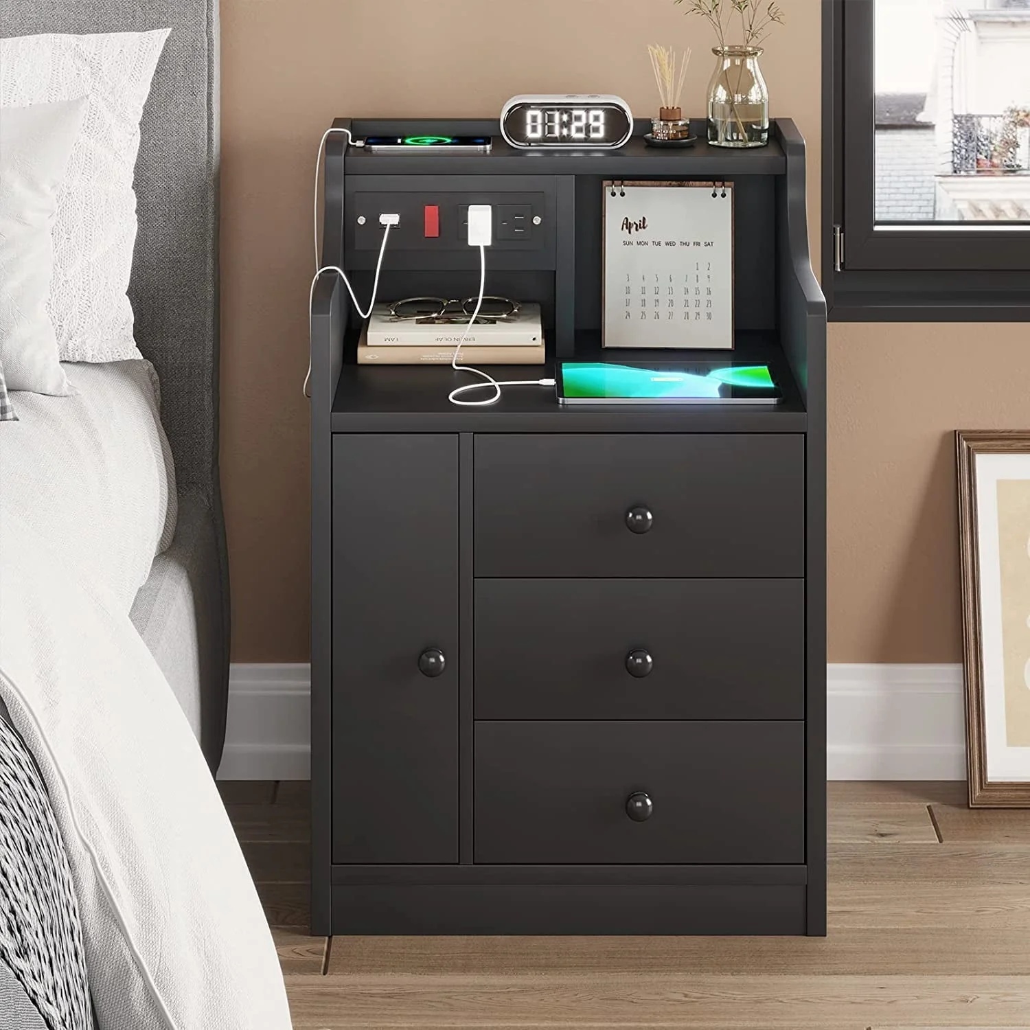 Nightstand with 3 Storage Drawers and Hutch, Black Night Stand with Charging Station End Side Table with 1 Door, Modern Bedside Table for Bedroom - Image 5