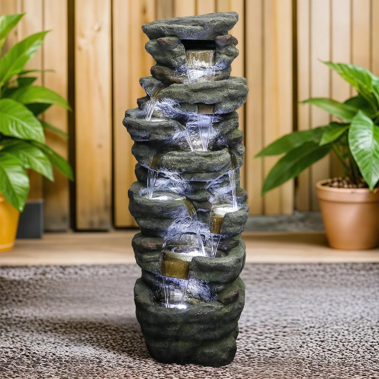 51" H Outdoor Water Fountain - 7-Tiers Rock Waterfall Fountain with LED Lights for Home Garden Decor - Image 3